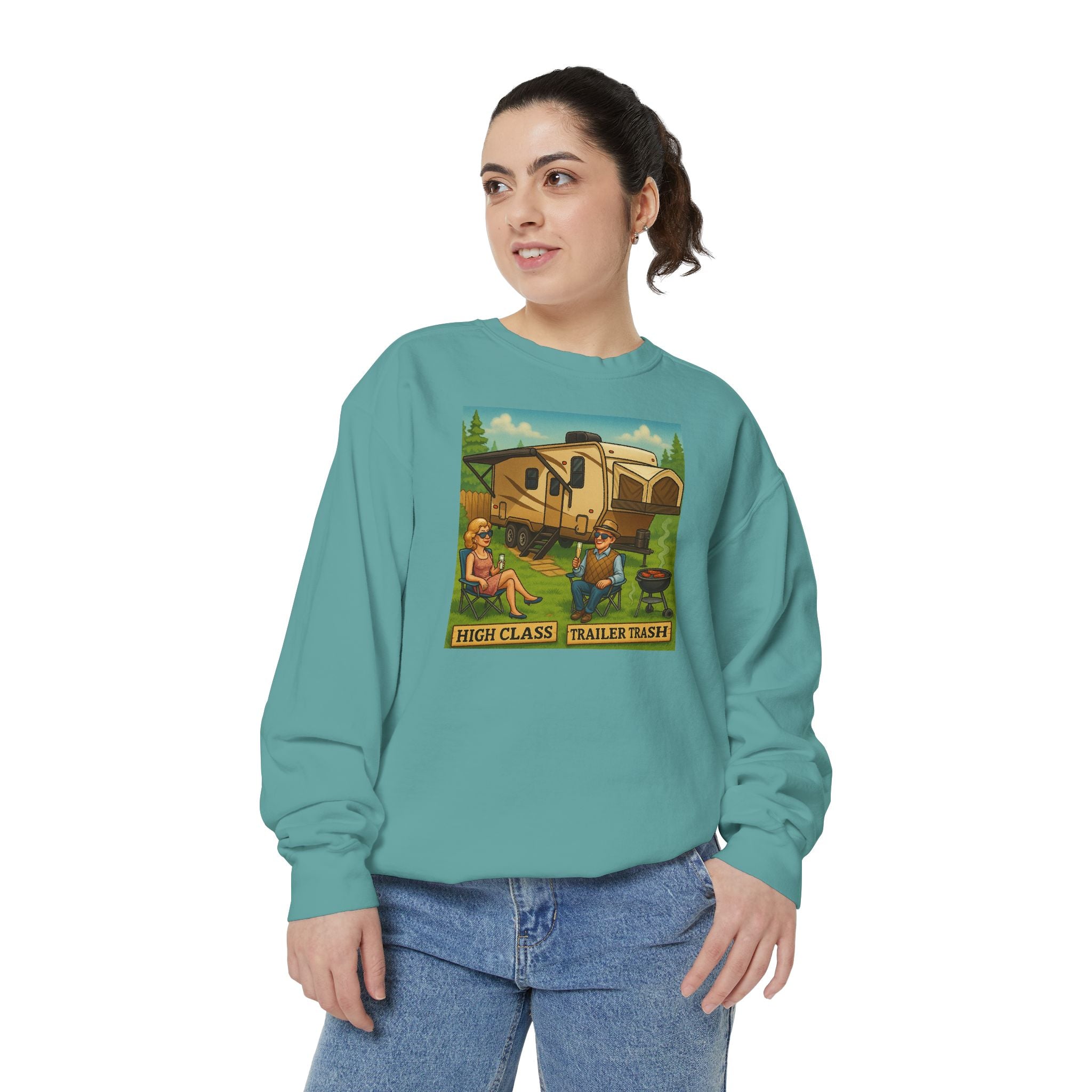 Vintage-Inspired Unisex Sweatshirt with 'High Class Trail Trash' Design