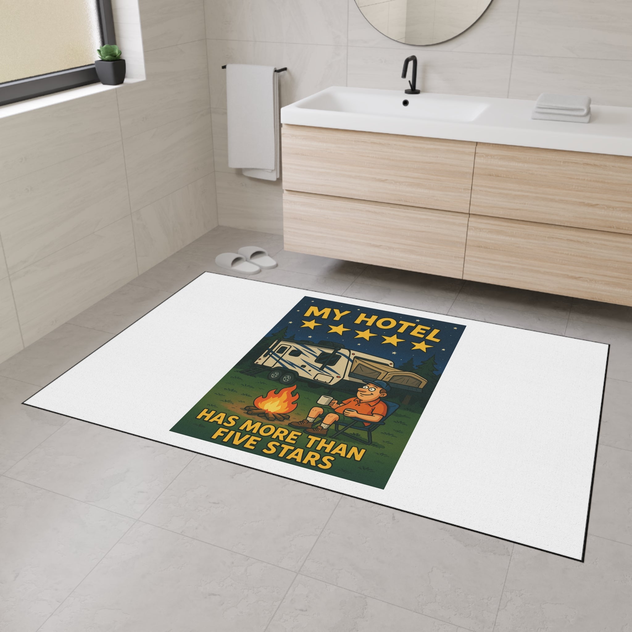 Camping Floor Mat - 'My Hotel Has More Than Five Stars' Rug, Outdoor Decor, RV Accessory, Entry Mat, Funny Camping Gift
