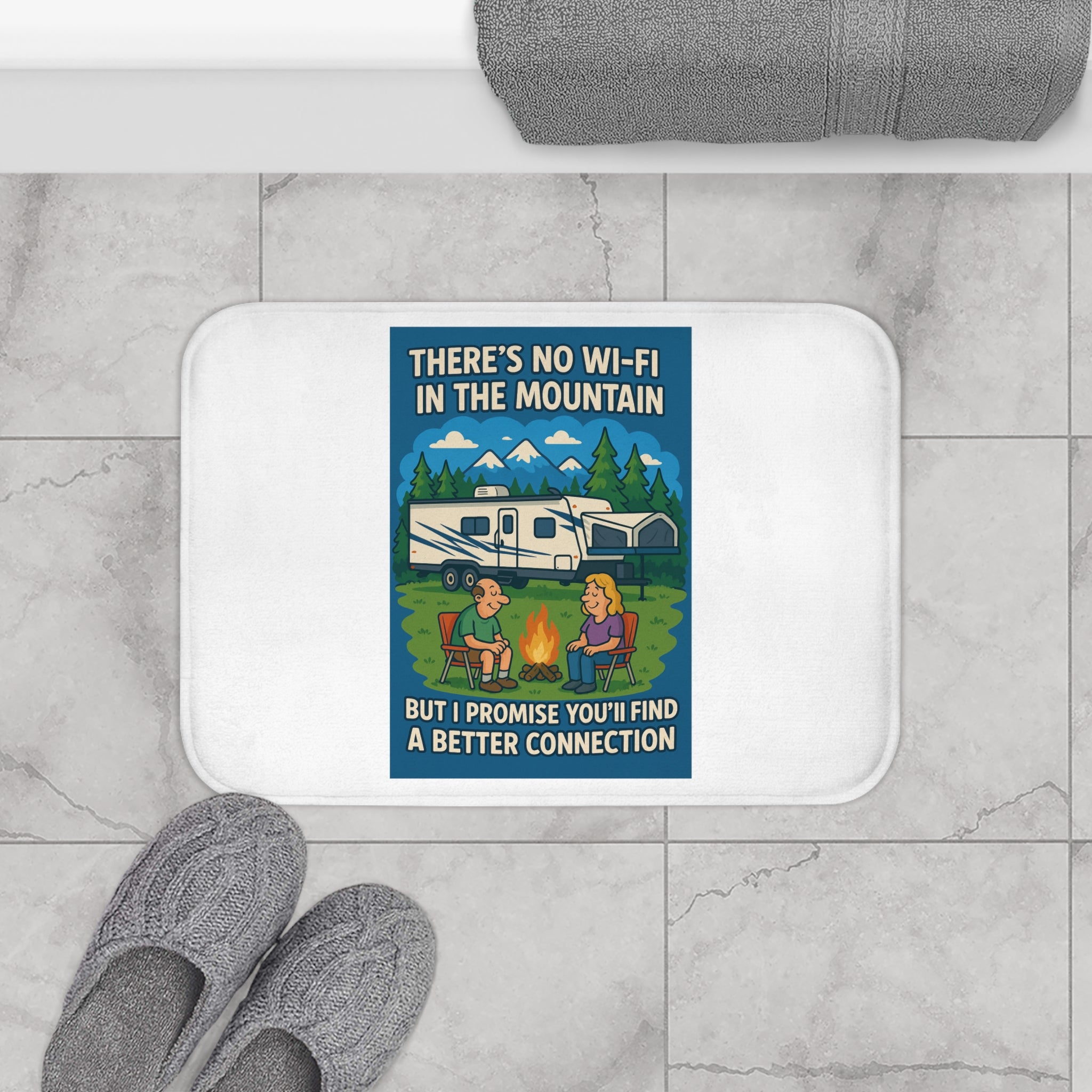 Camping Inspirational Bath Mat, Rustic Home Decor, Outdoor Enthusiast Gift, Cabin Bathroom Rug, Glamping Accessory, Unique Gift Idea