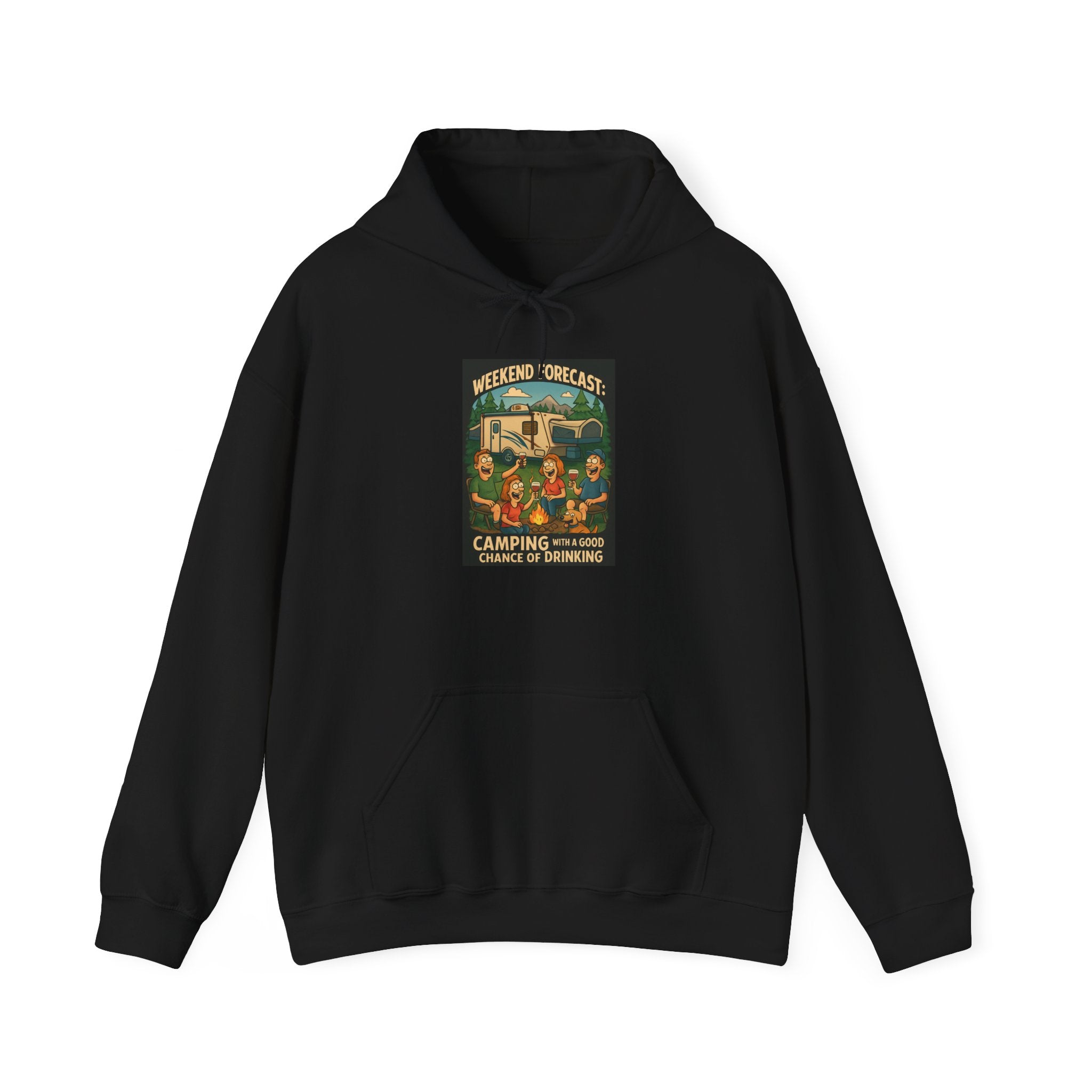 Camping Forecast Graphic Hoodie, Unisex Heavy Blend Sweatshirt, Outdoor Apparel, Weekend Getaway Gift, Nature Lover Clothing