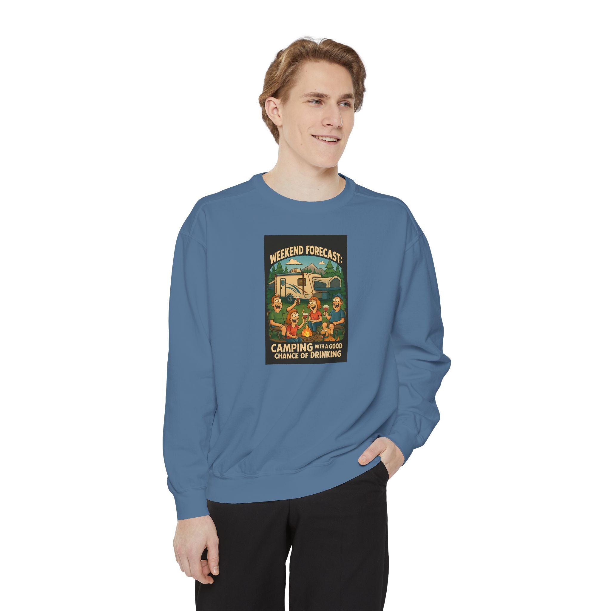 Weekend Forecast Camping Sweatshirt, Cozy Unisex Sweatshirt, Gift for Campers, Outdoor Adventure Apparel, Relaxed Fit Sweatshirt