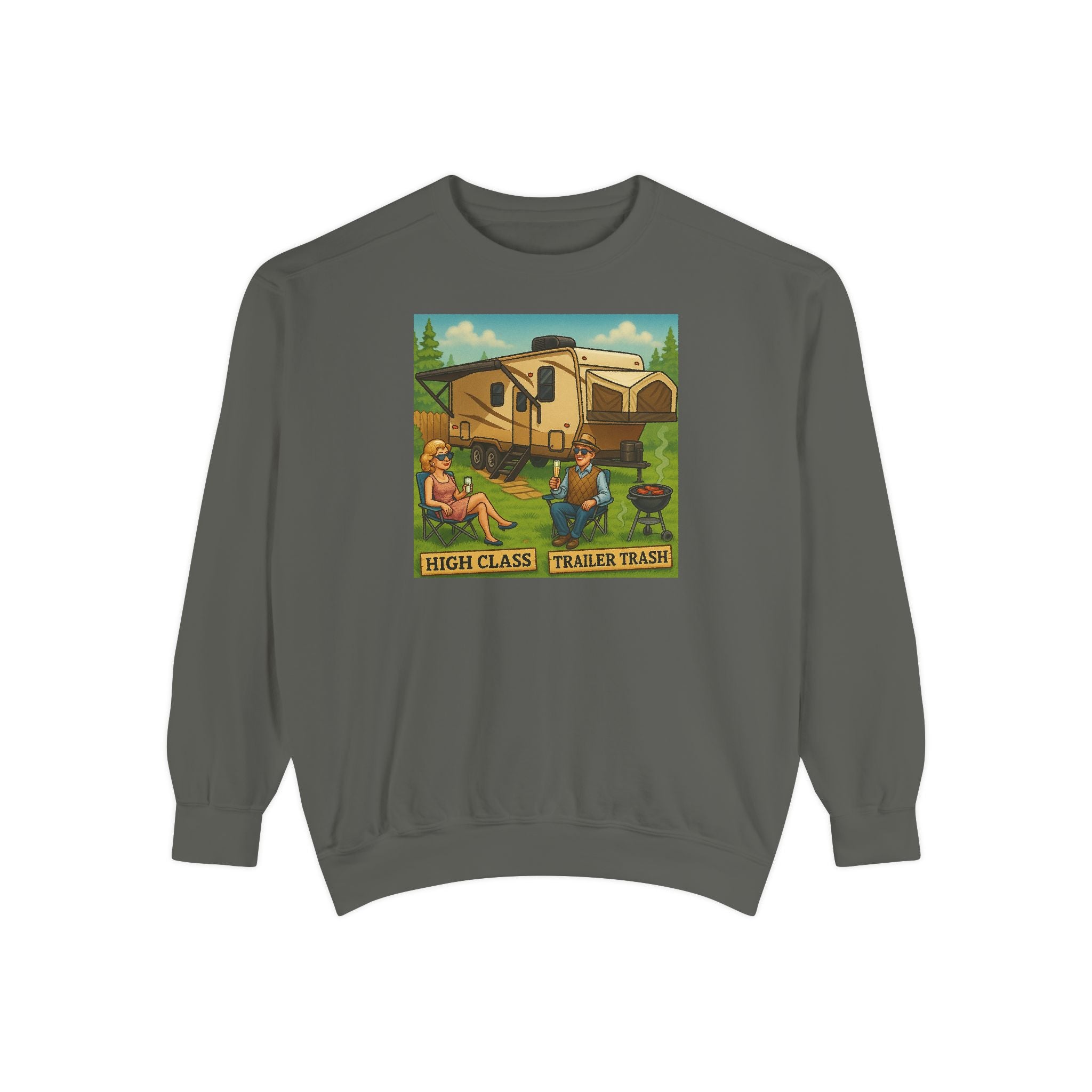 Vintage-Inspired Unisex Sweatshirt with 'High Class Trail Trash' Design