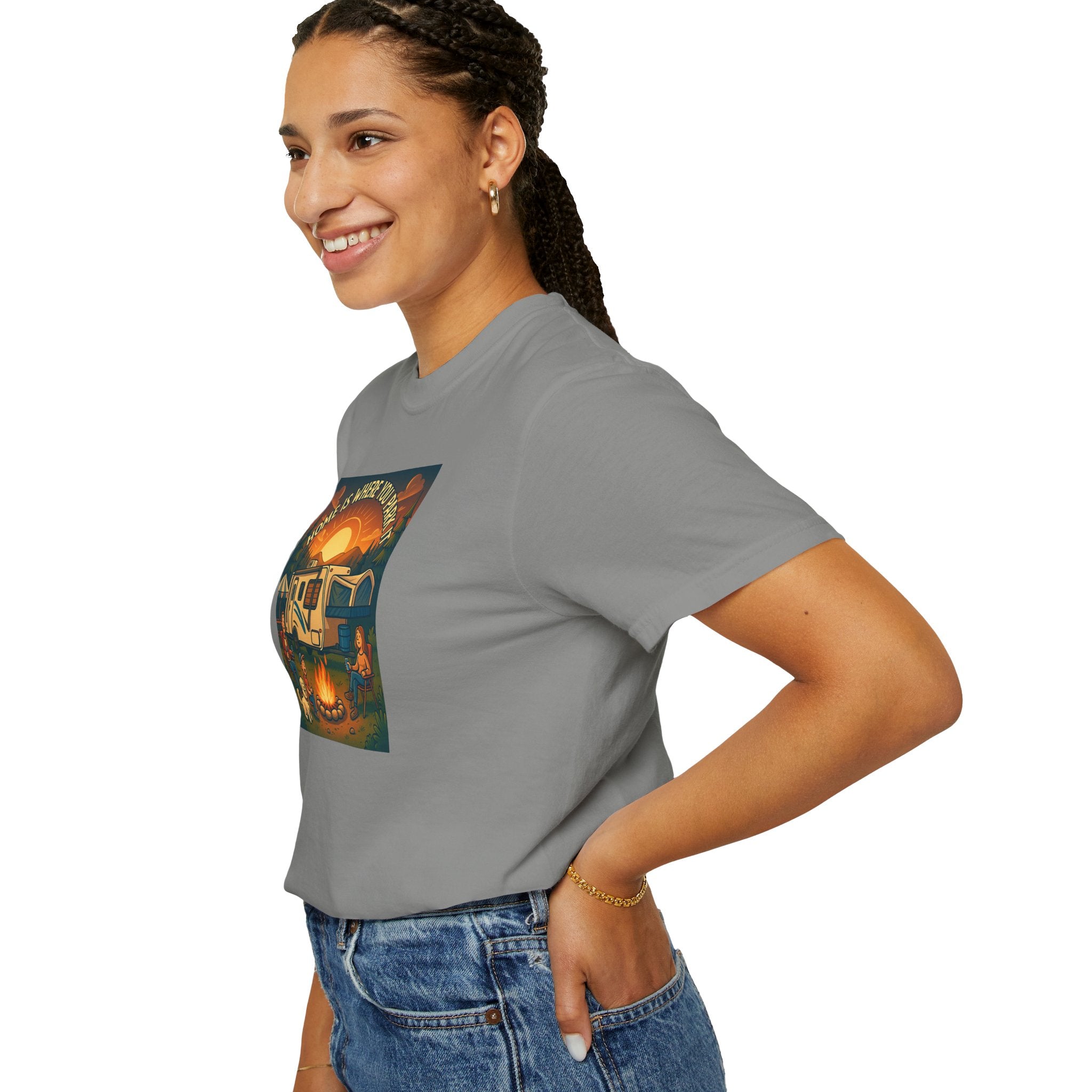 Home Is Where You Park T-shirt - Unisex Garment-Dyed Tee for Campers, Adventure Lovers, Outdoor Enthusiasts, Gift Idea