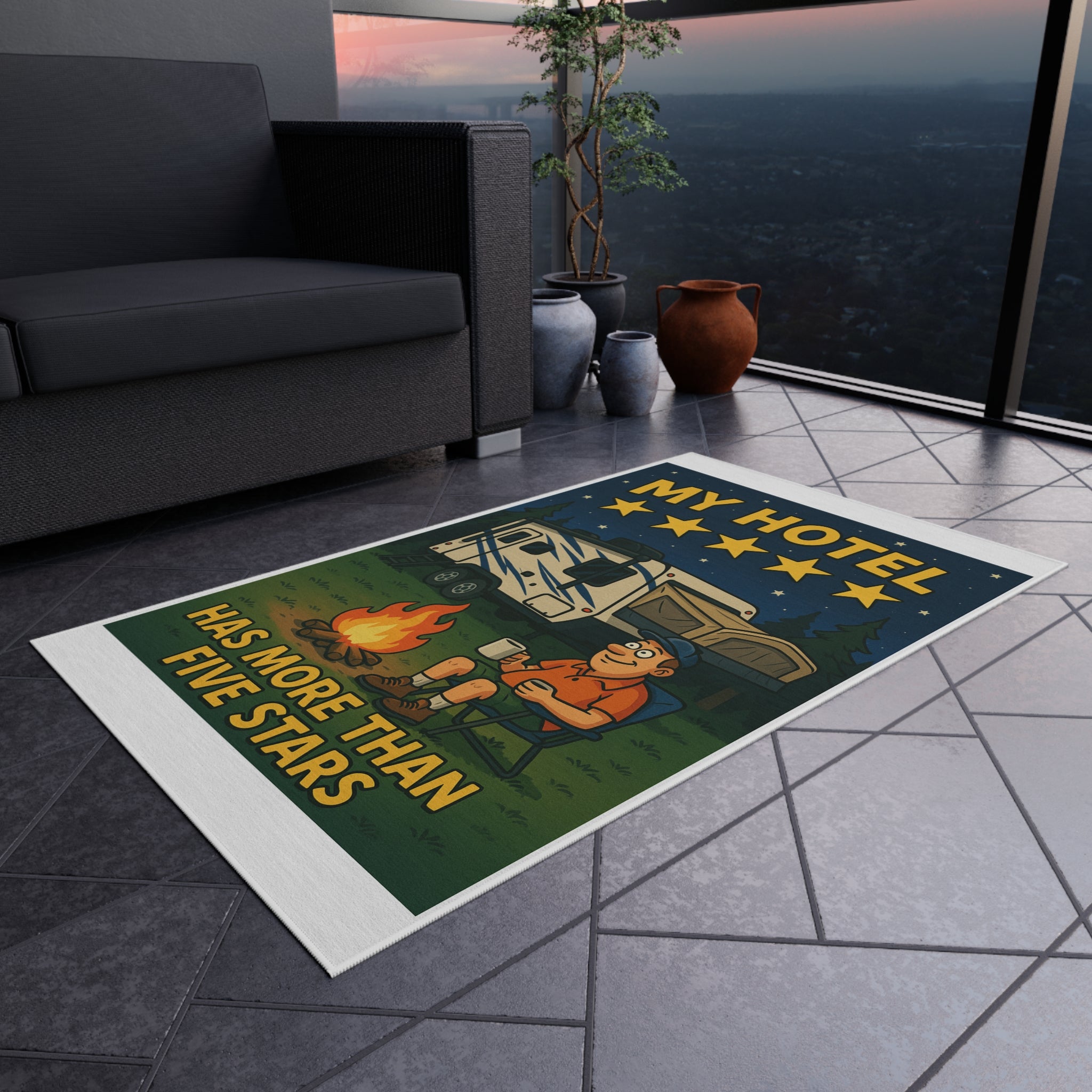 Camping Outdoor Rug, Fun Retro Style Rug, My Hotel Has More Than Five Stars, Perfect for Campers, Patio Decor, RV Accessories