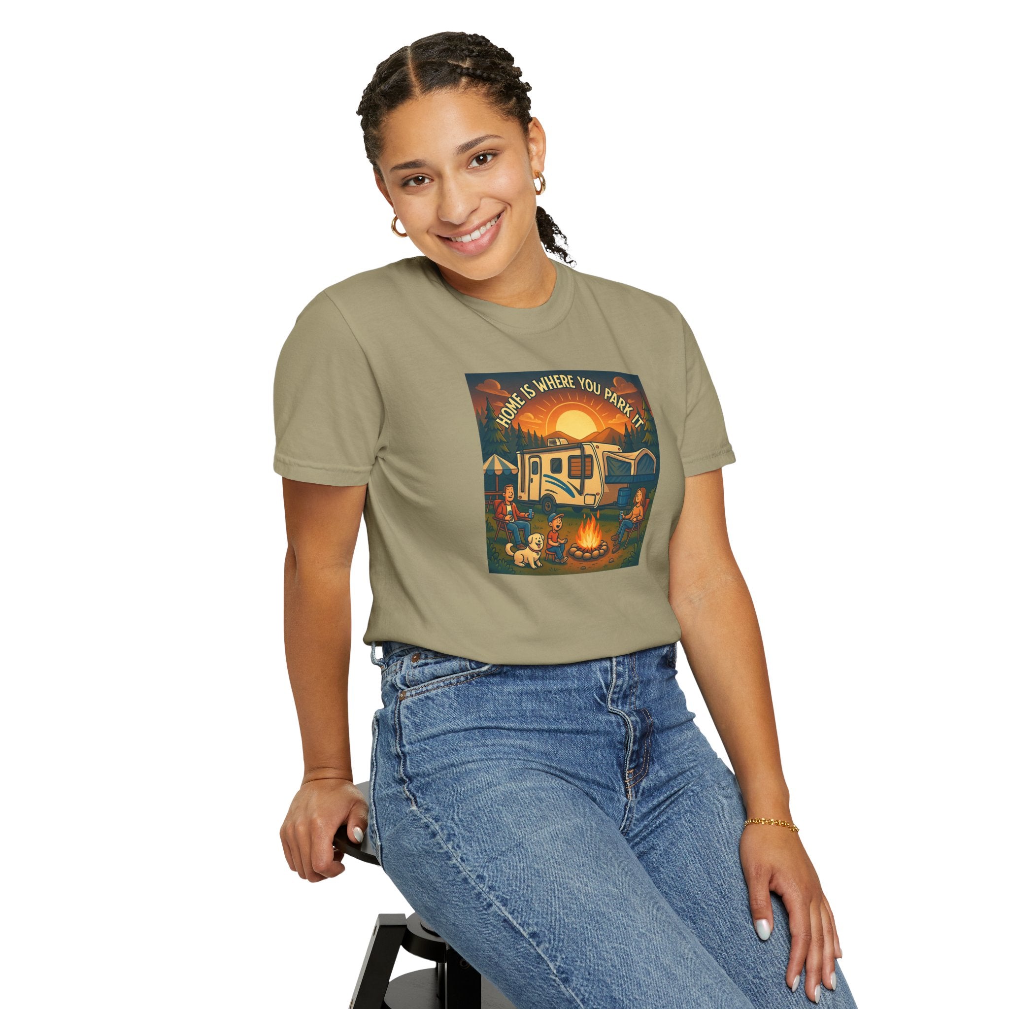 Home Is Where You Park T-shirt - Unisex Garment-Dyed Tee for Campers, Adventure Lovers, Outdoor Enthusiasts, Gift Idea