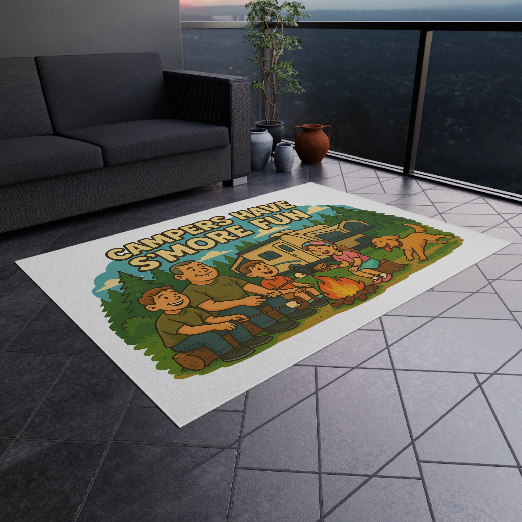 Campfire Fun Outdoor Rug, Family Camping Decor, Patio Mat, Garden Rug, Outdoor Entertaining, S'mores Themed