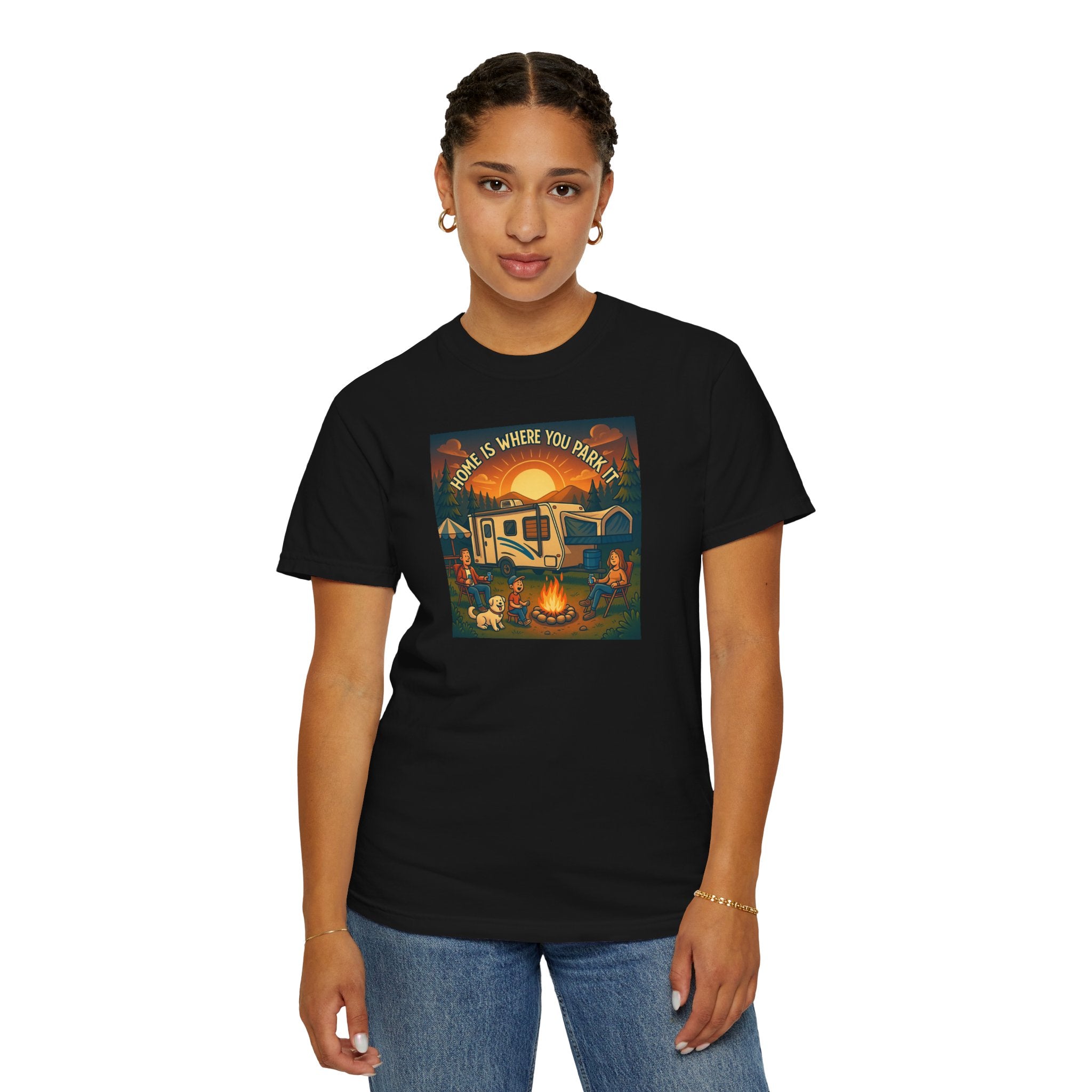 Home Is Where You Park T-shirt - Unisex Garment-Dyed Tee for Campers, Adventure Lovers, Outdoor Enthusiasts, Gift Idea