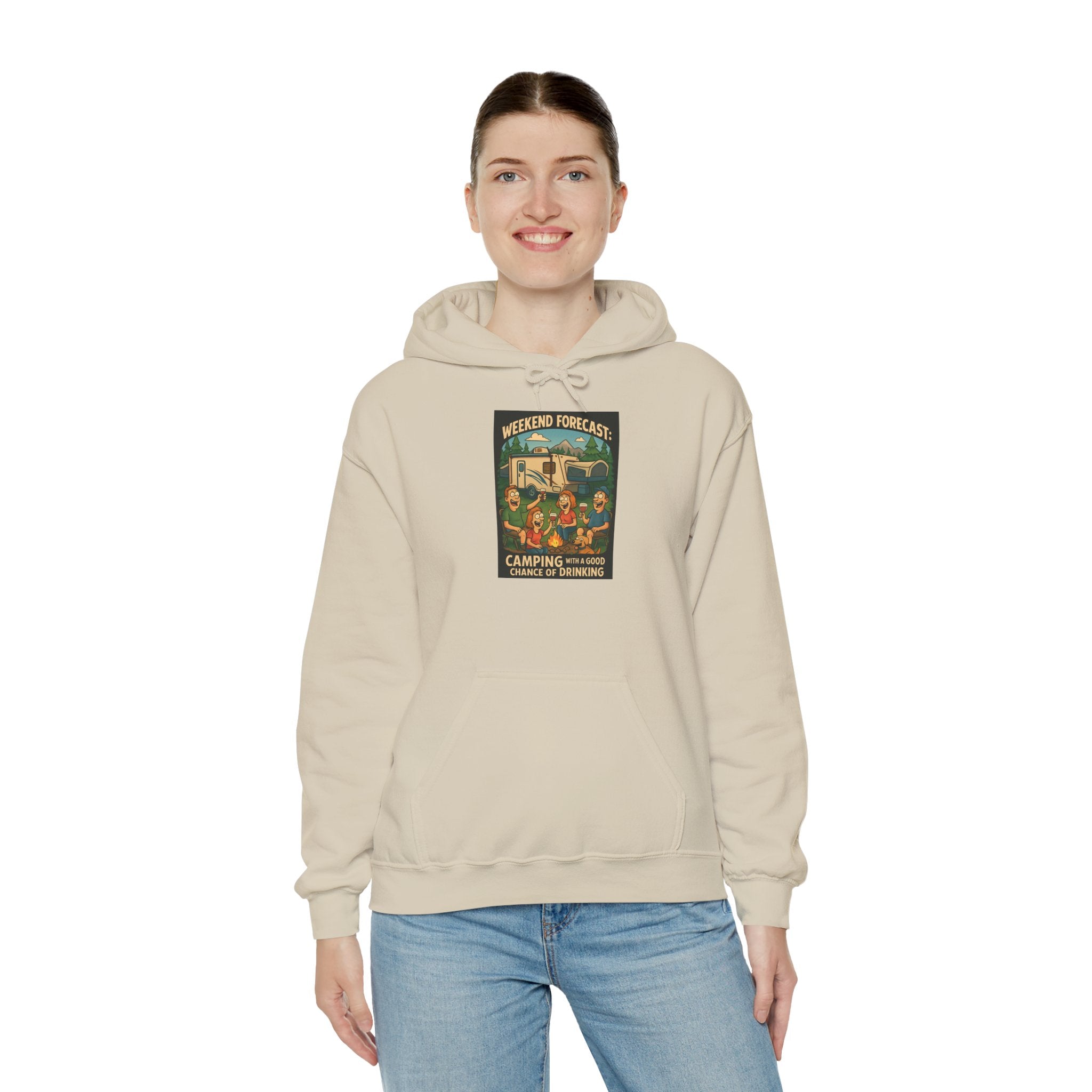 Camping Forecast Graphic Hoodie, Unisex Heavy Blend Sweatshirt, Outdoor Apparel, Weekend Getaway Gift, Nature Lover Clothing