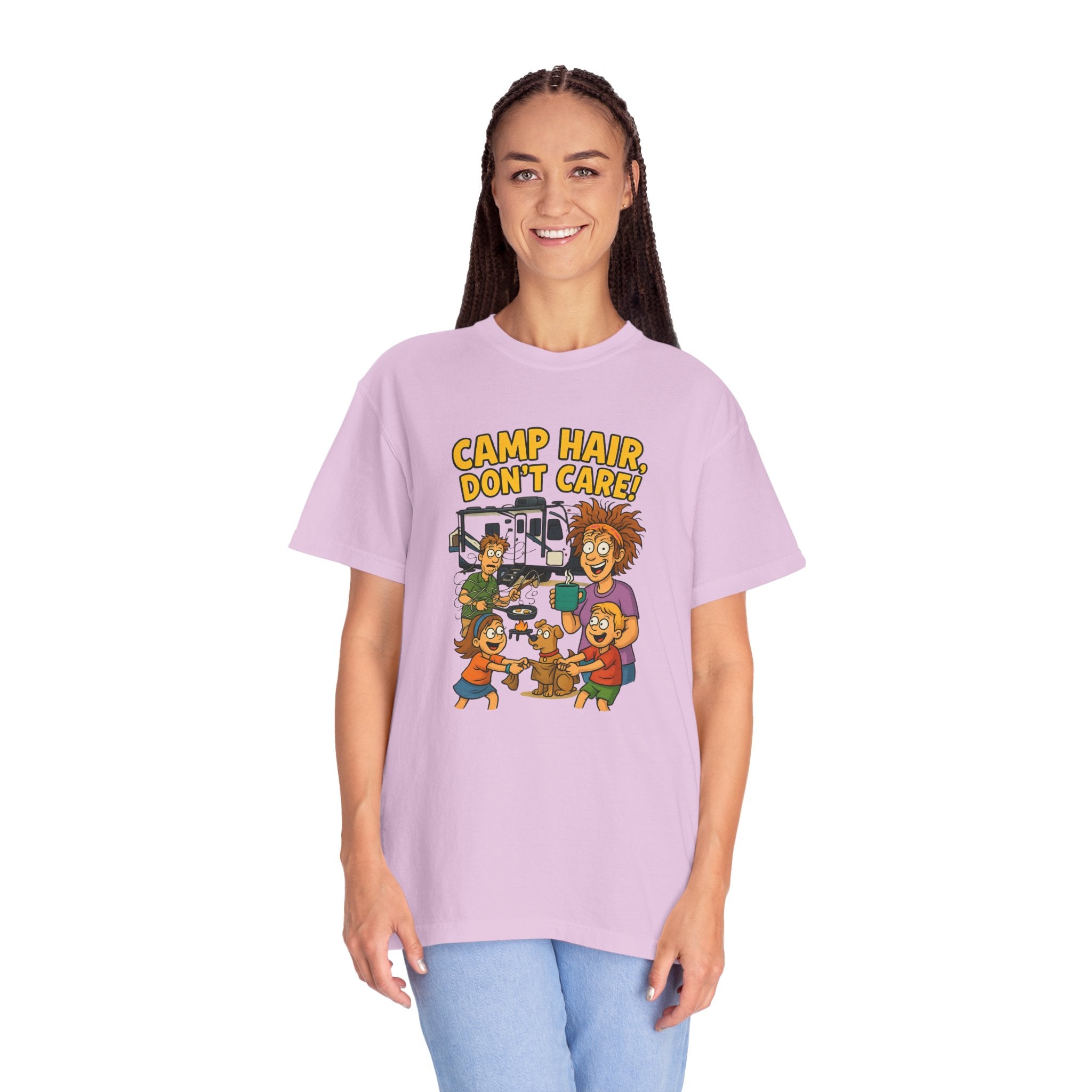 Camp Hair Don't Care T-Shirt, Unisex Garment-Dyed Tee, Camping Apparel, Funny Summer Shirt, Outdoor Lovers Gift, Vacation Essential
