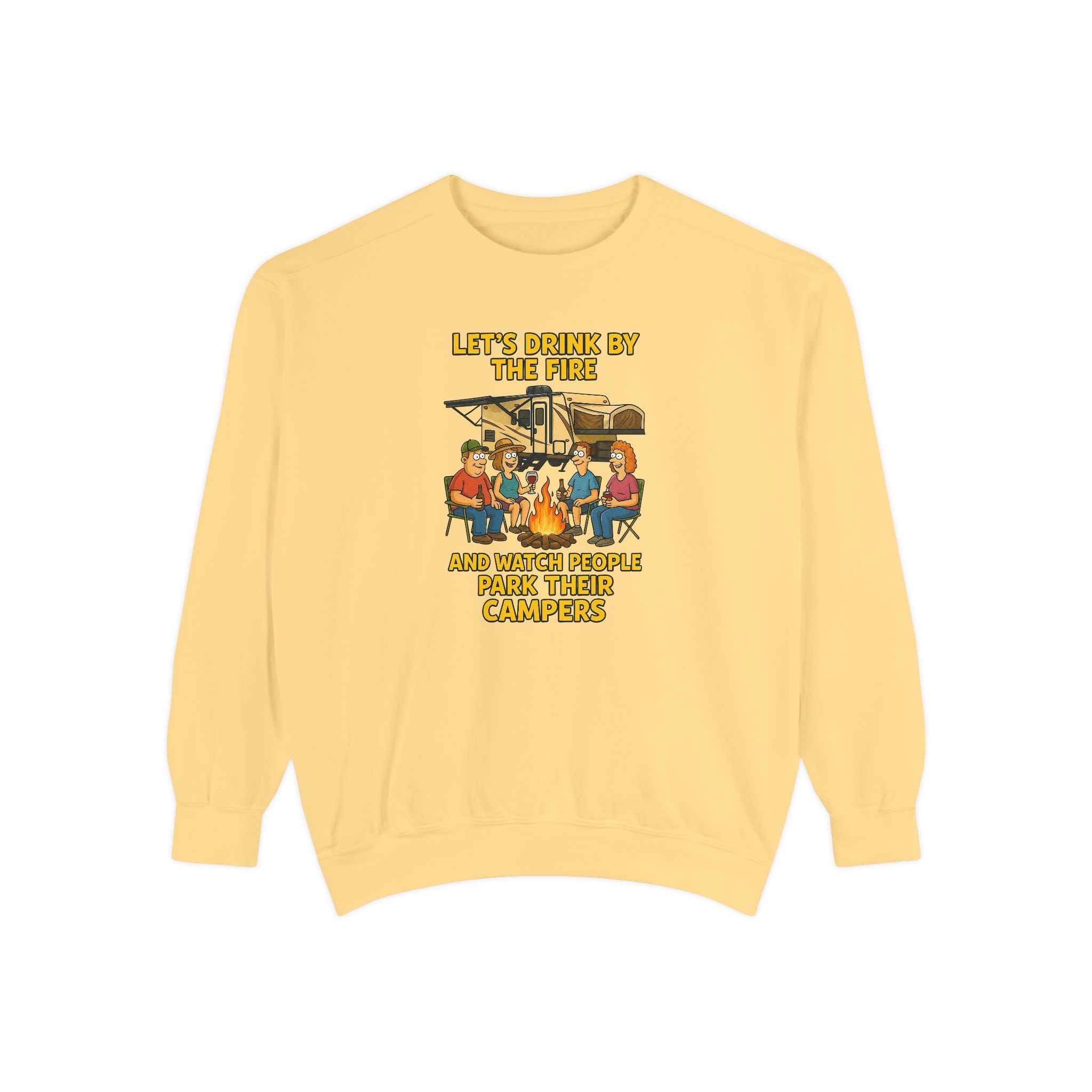 Cozy Campfire Sweatshirt - Let’s Drink by the Fire, Unisex Pullover, Perfect for Bonfires, Camping Trips, Outdoor Gatherings, Cozy Nights