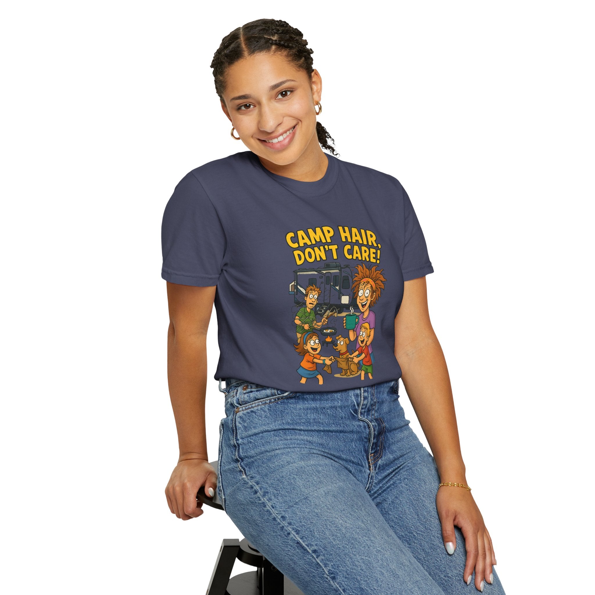 Camp Hair Don't Care T-Shirt, Unisex Garment-Dyed Tee, Camping Apparel, Funny Summer Shirt, Outdoor Lovers Gift, Vacation Essential