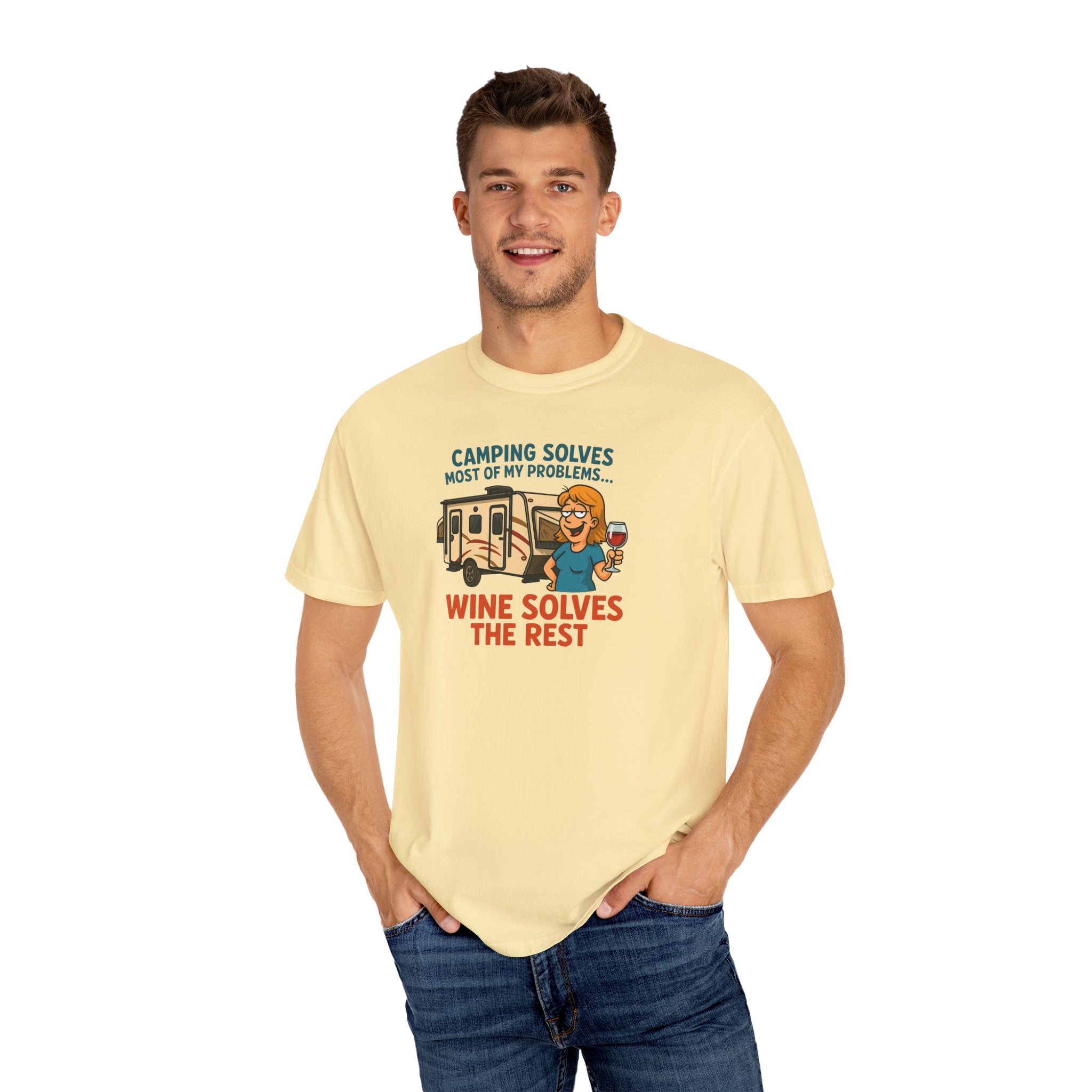 Camping & Wine Unisex T-Shirt, Relaxed Fit Tee, Perfect Gift for Campers, Wine Lovers, Outdoor Enthusiasts, Summer Celebrations