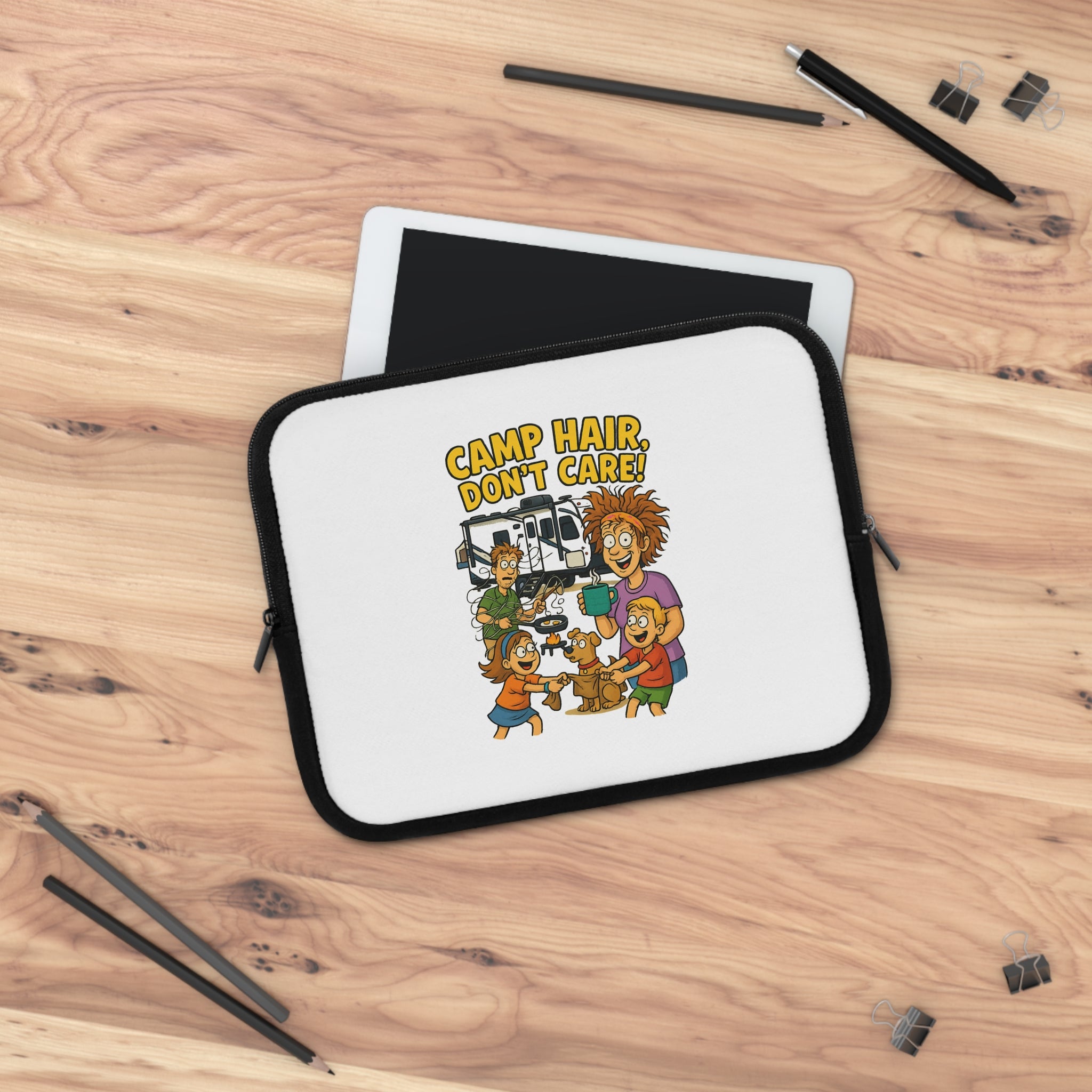 Laptop Sleeve, Camp Hair Don't Care Design, Cute Animal Lover Gift, Summer Camp Accessory, Travel Electronics Organizer
