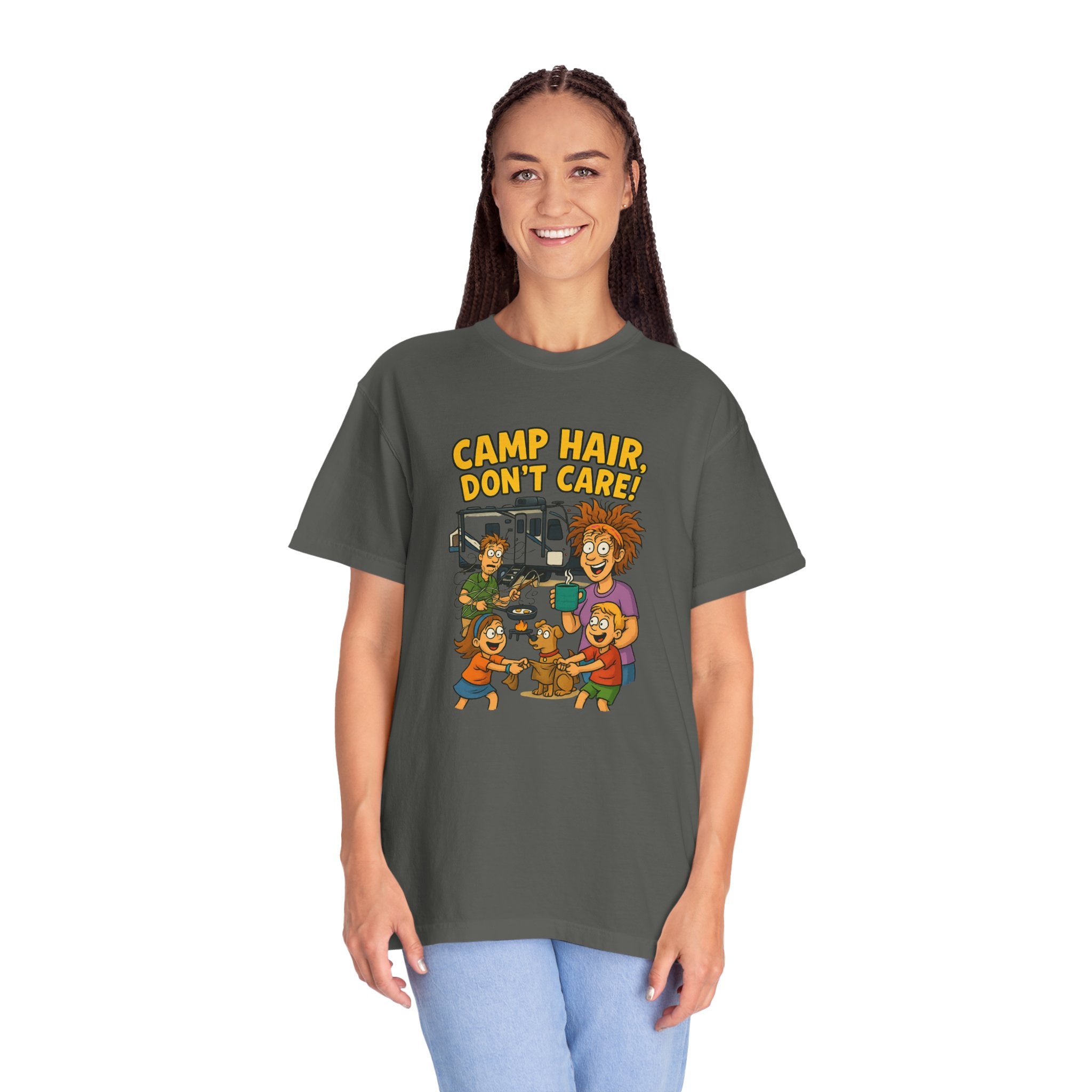 Camp Hair Don't Care T-Shirt, Unisex Garment-Dyed Tee, Camping Apparel, Funny Summer Shirt, Outdoor Lovers Gift, Vacation Essential