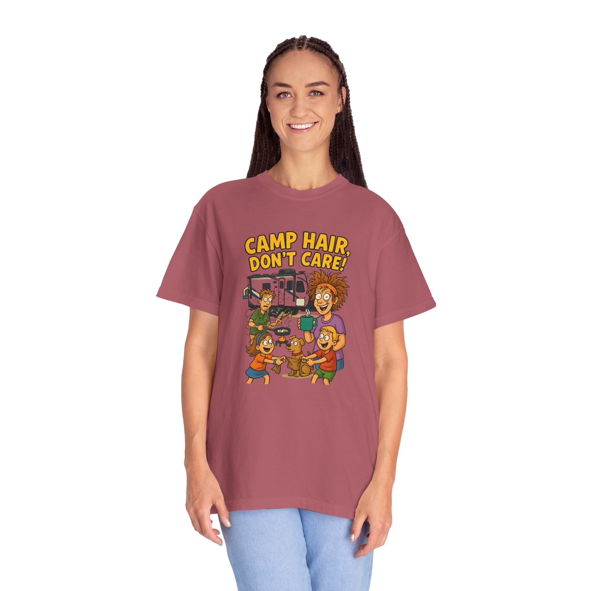 Camp Hair Don't Care T-Shirt, Unisex Garment-Dyed Tee, Camping Apparel, Funny Summer Shirt, Outdoor Lovers Gift, Vacation Essential