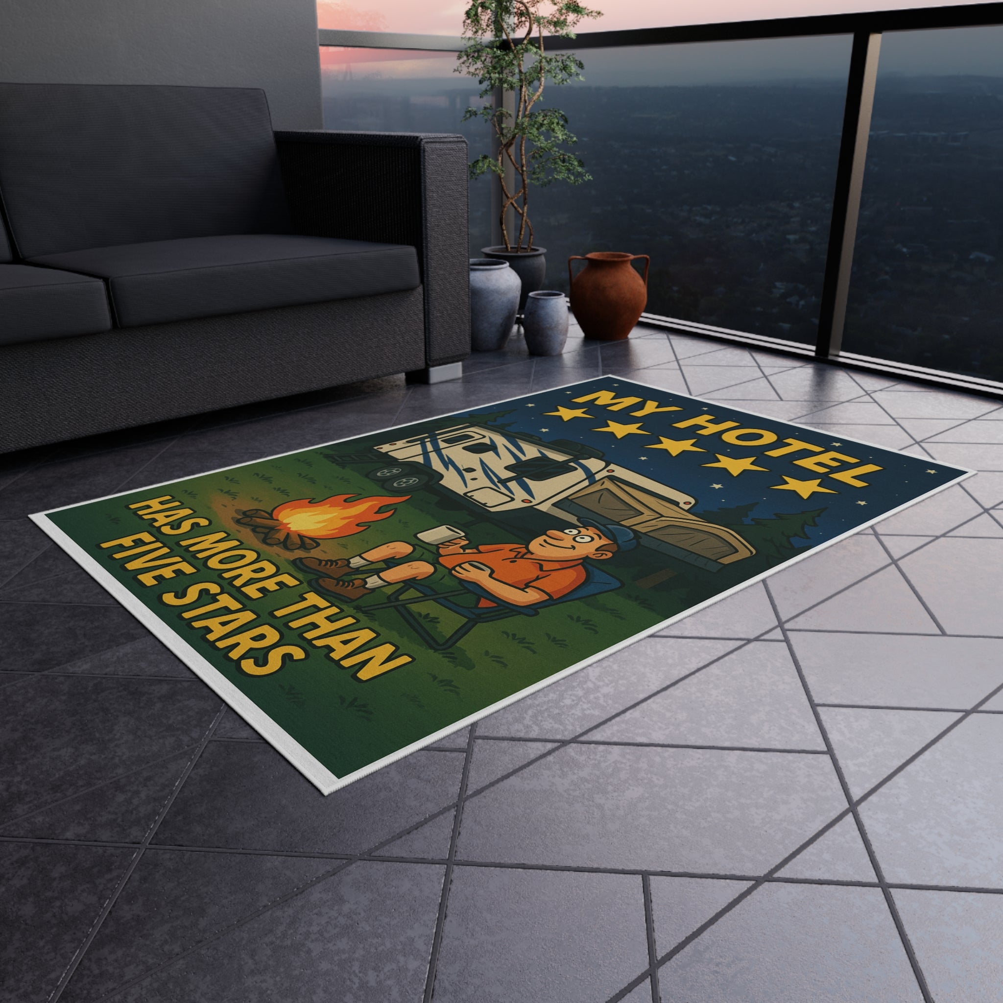 Camping Outdoor Rug, Fun Retro Style Rug, My Hotel Has More Than Five Stars, Perfect for Campers, Patio Decor, RV Accessories