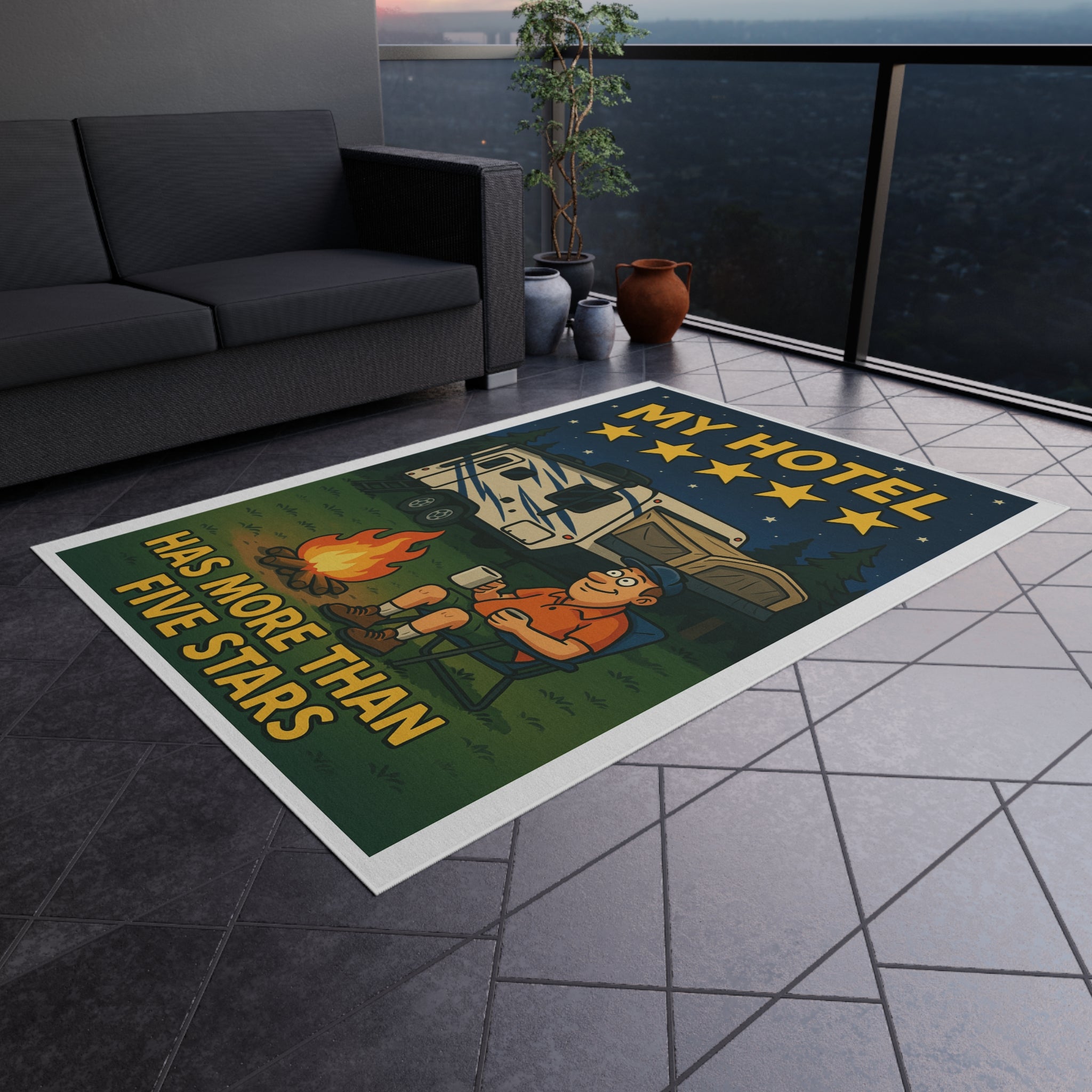 Camping Outdoor Rug, Fun Retro Style Rug, My Hotel Has More Than Five Stars, Perfect for Campers, Patio Decor, RV Accessories