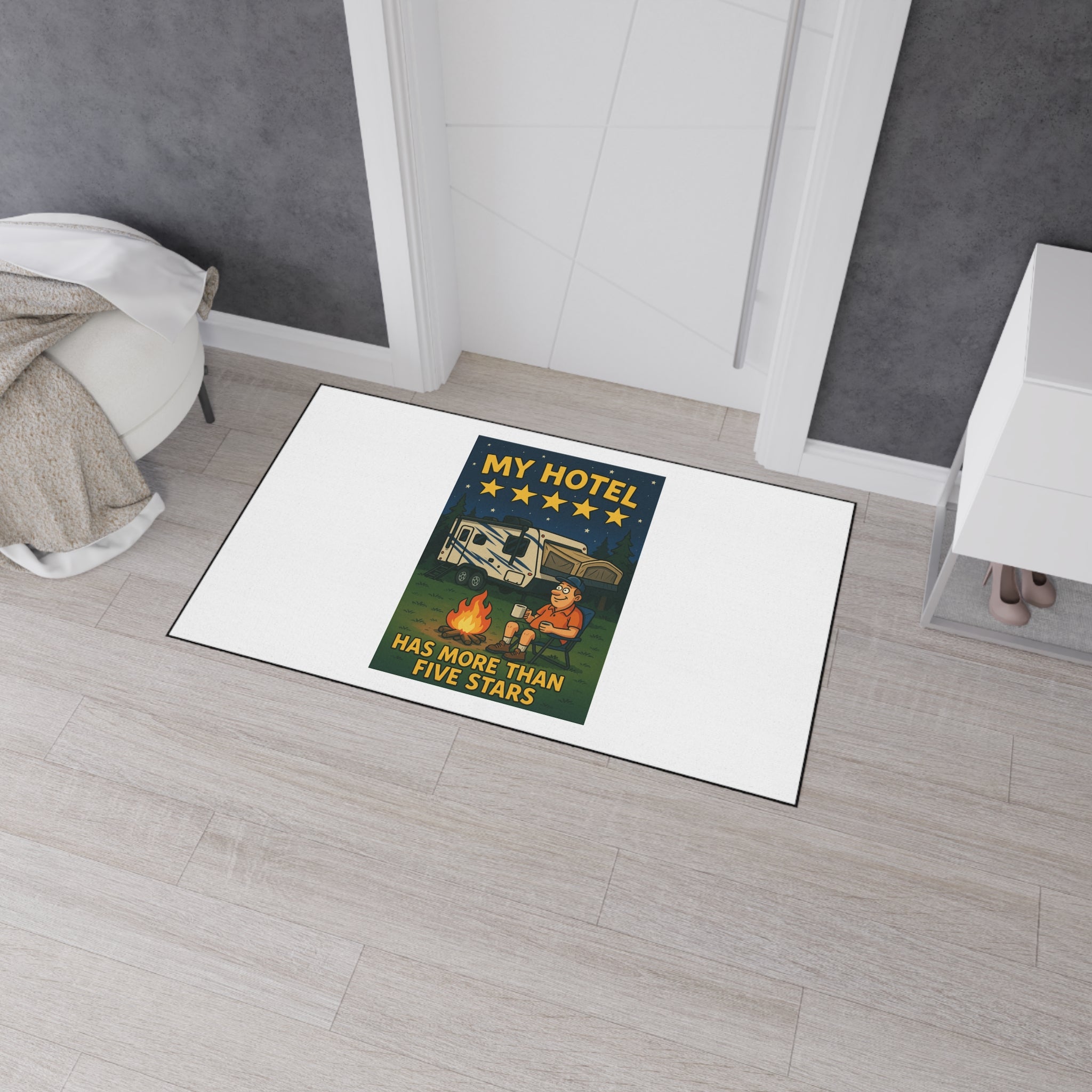 Camping Floor Mat - 'My Hotel Has More Than Five Stars' Rug, Outdoor Decor, RV Accessory, Entry Mat, Funny Camping Gift