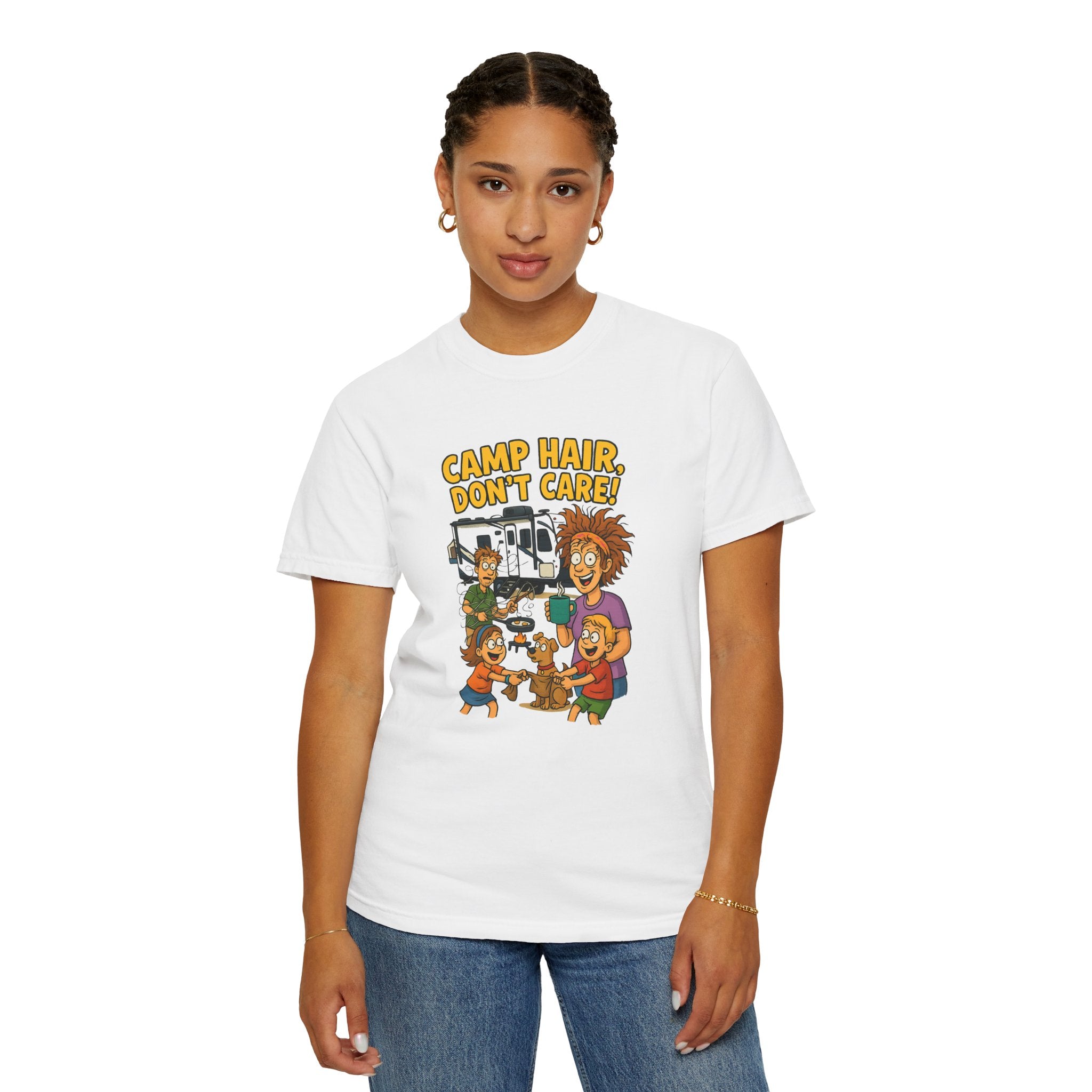 Camp Hair Don't Care T-Shirt, Unisex Garment-Dyed Tee, Camping Apparel, Funny Summer Shirt, Outdoor Lovers Gift, Vacation Essential