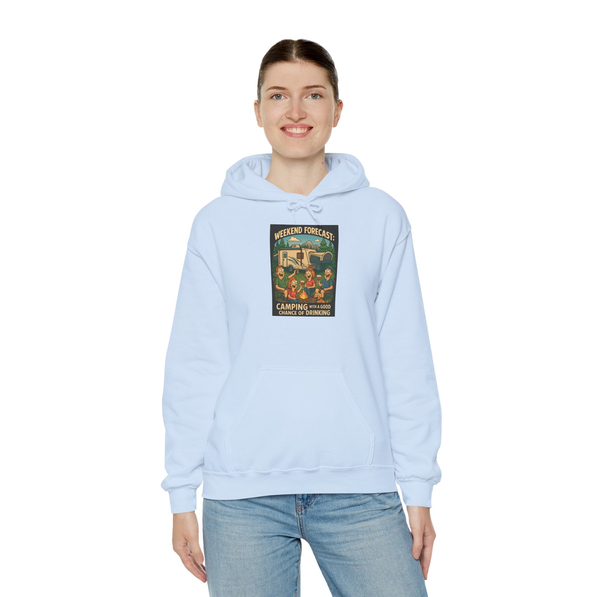 Camping Forecast Graphic Hoodie, Unisex Heavy Blend Sweatshirt, Outdoor Apparel, Weekend Getaway Gift, Nature Lover Clothing