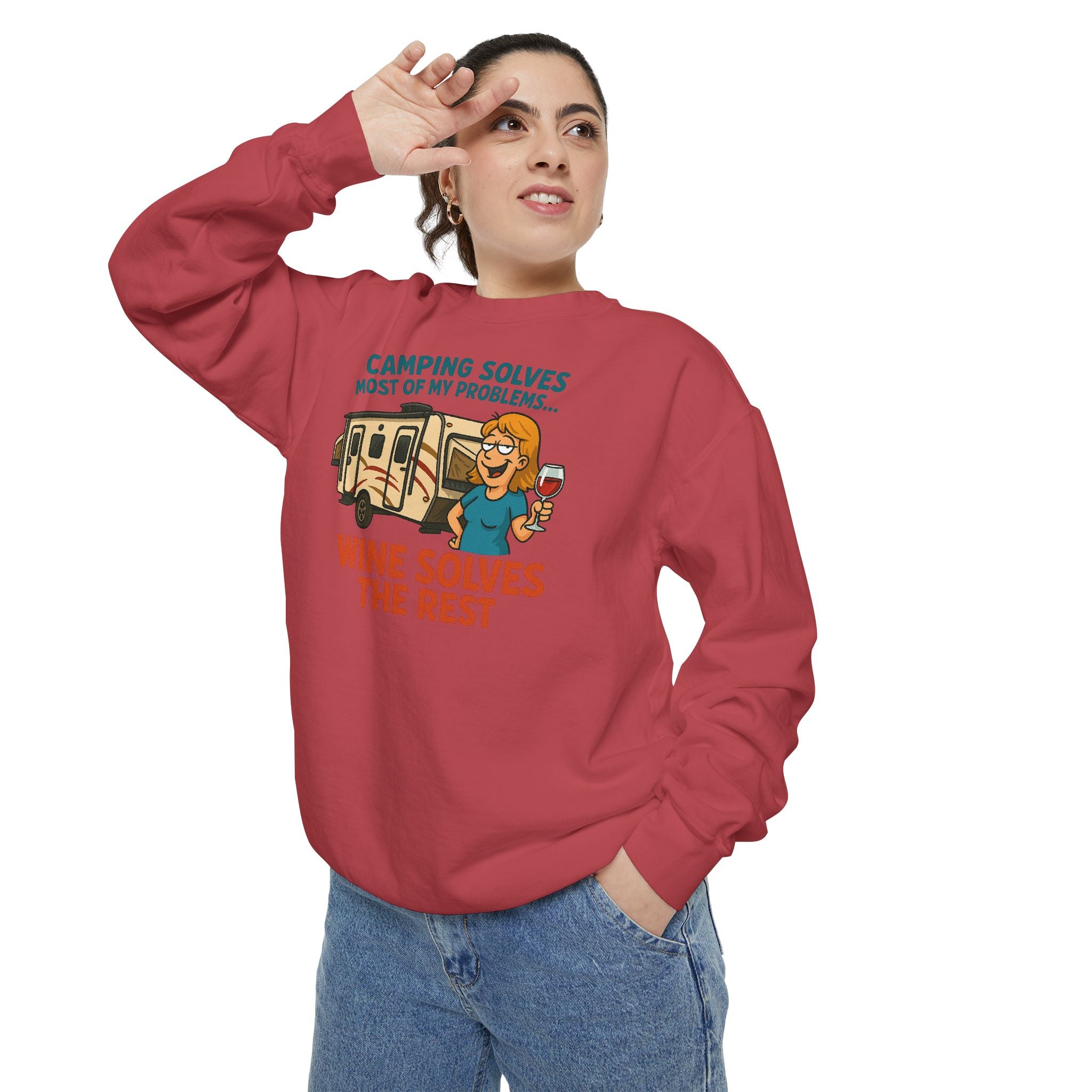 Camping Wine Sweatshirt | Unisex Garment-Dyed Pullover | Cozy Gift for Campers | Outdoor Adventures Apparel | Relaxed Fit Top
