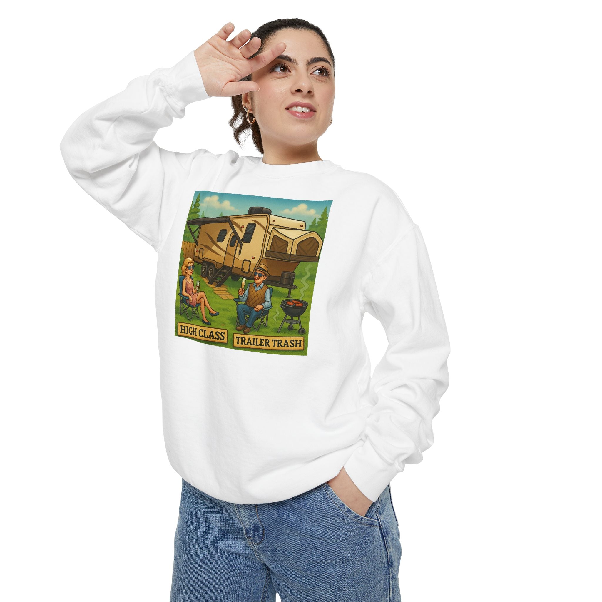 Vintage-Inspired Unisex Sweatshirt with 'High Class Trail Trash' Design