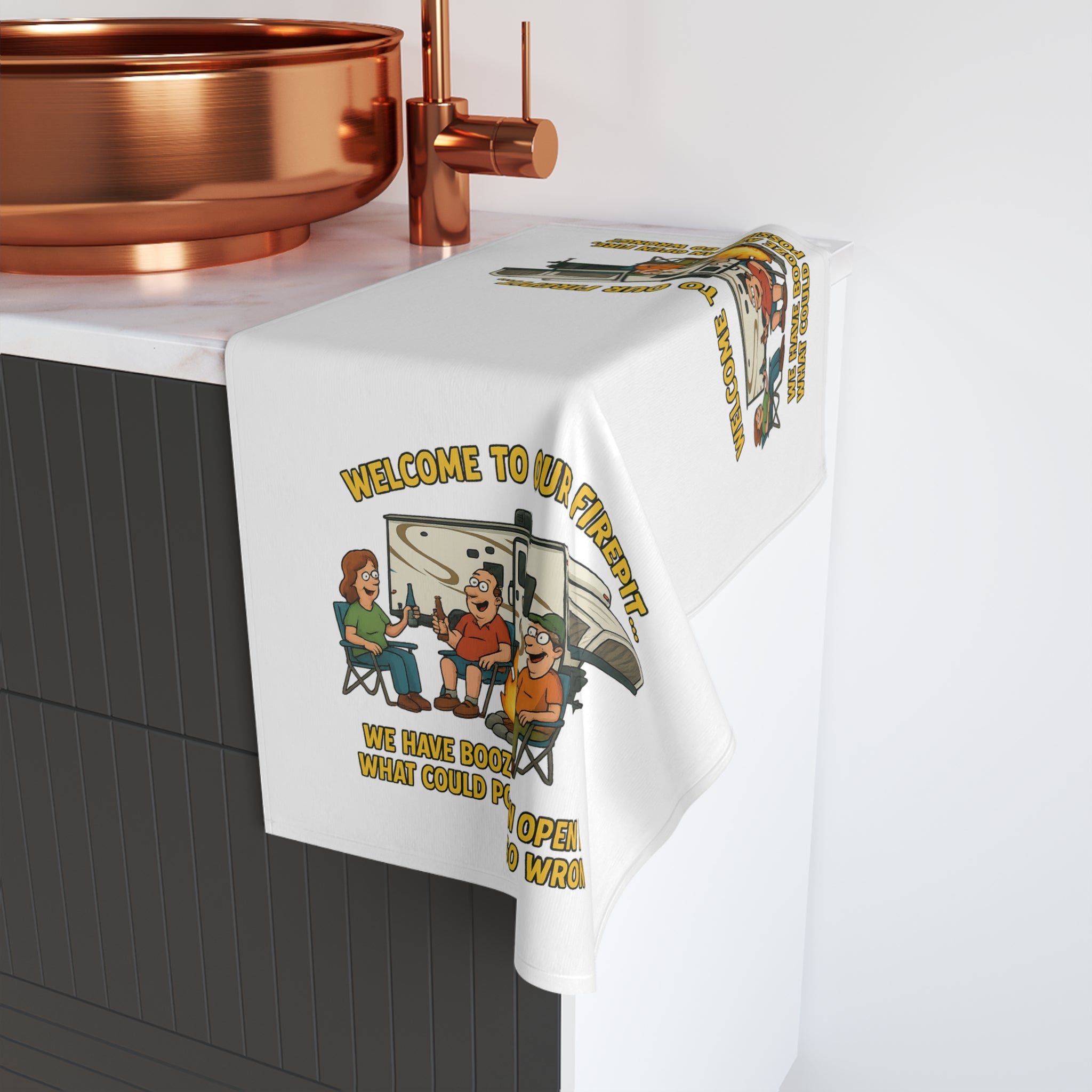 Welcome to Our Fire Pit Hand Towel, Fun Kitchen Decor, Camping Gift, Unique Barbecue Towel, Outdoor Gathering Essential, Holiday Host Gift