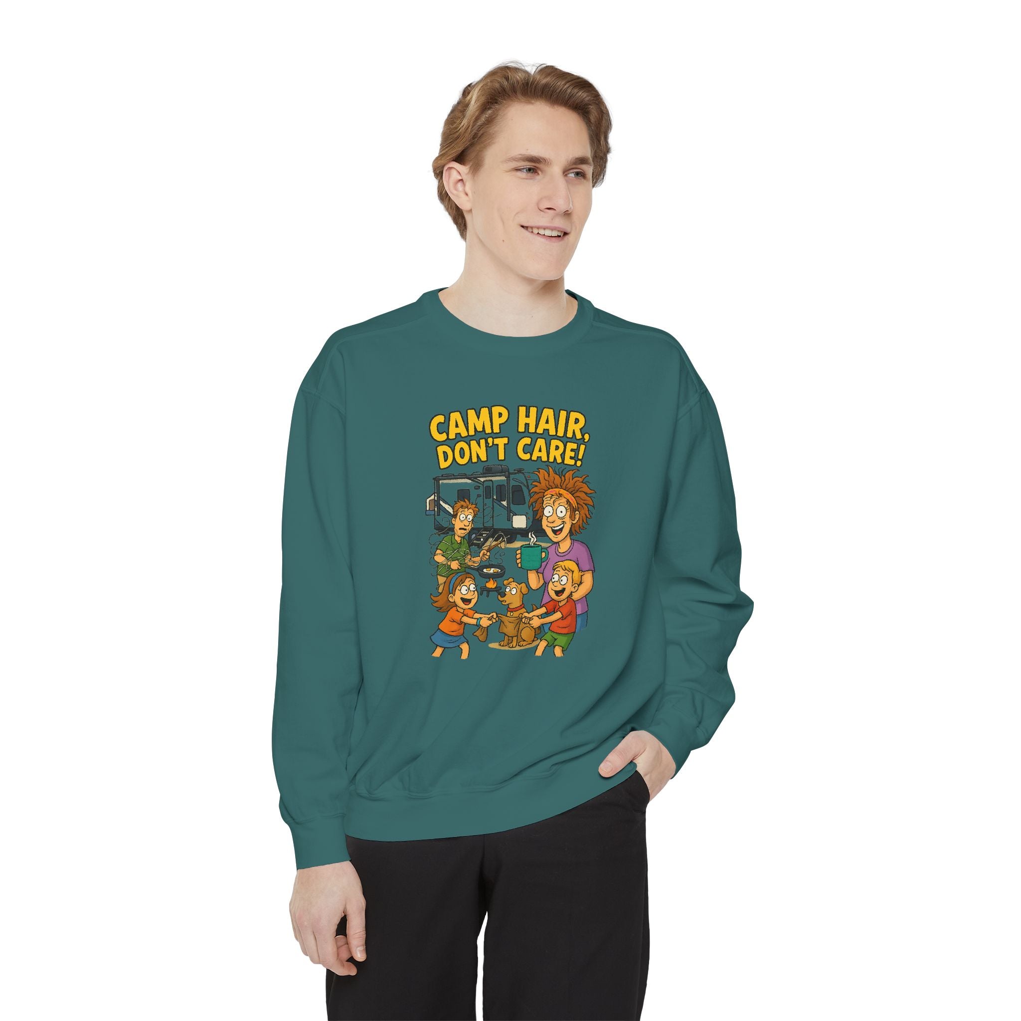 Camp Hair Don't Care Sweatshirt, Cozy Unisex Sweater, Perfect for Campers, Gift for Travel Lovers, Casual Outfit, All Season