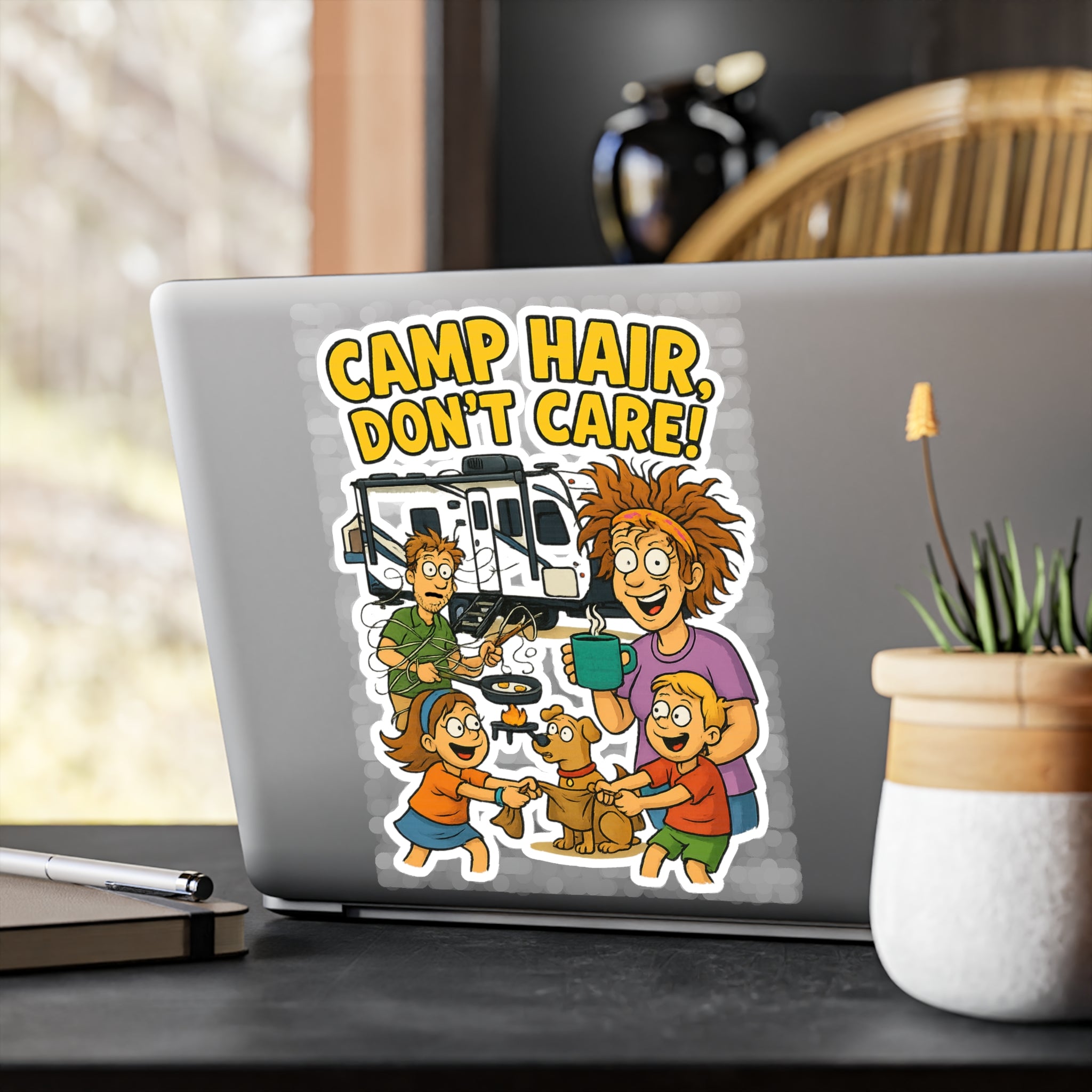 Camp Hair Don't Care Vinyl Decals, Fun Stickers for RV Campers, Outdoor Adventure Decor, Family Road Trip Accessories, Car Window Stickers