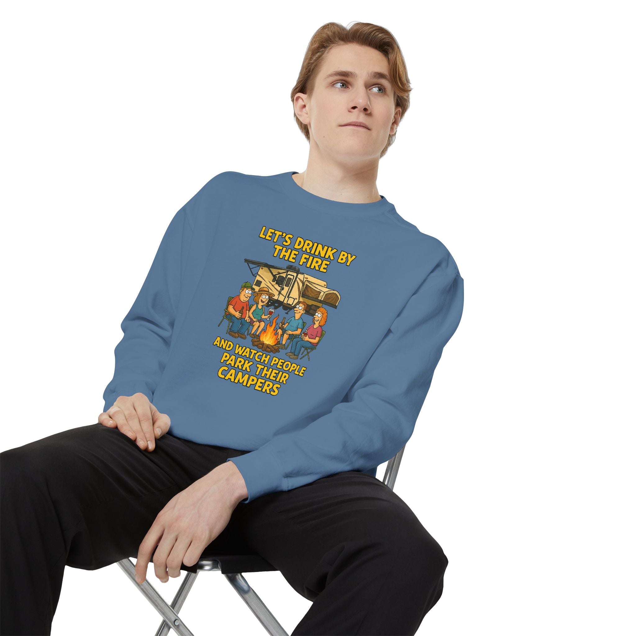 Cozy Campfire Sweatshirt - Let’s Drink by the Fire, Unisex Pullover, Perfect for Bonfires, Camping Trips, Outdoor Gatherings, Cozy Nights
