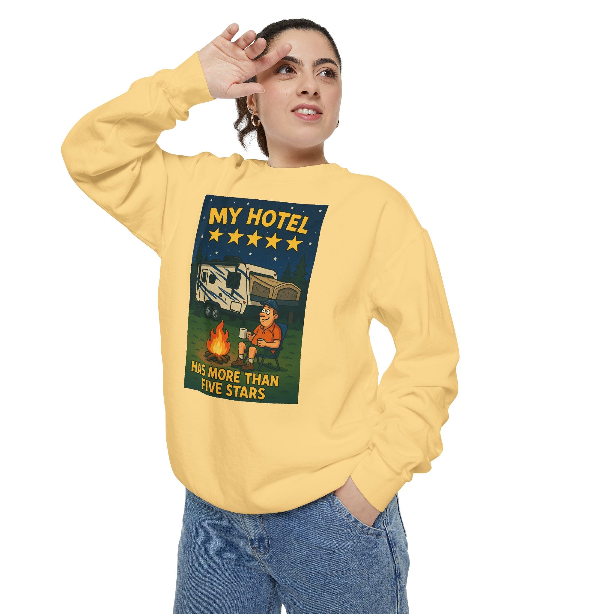 My Hotel Sweatshirt - Cozy Camping Apparel, Unisex Garment-Dyed Sweatshirt for Outdoor Lovers, Perfect for Bonfire Nights, Gift for Campers