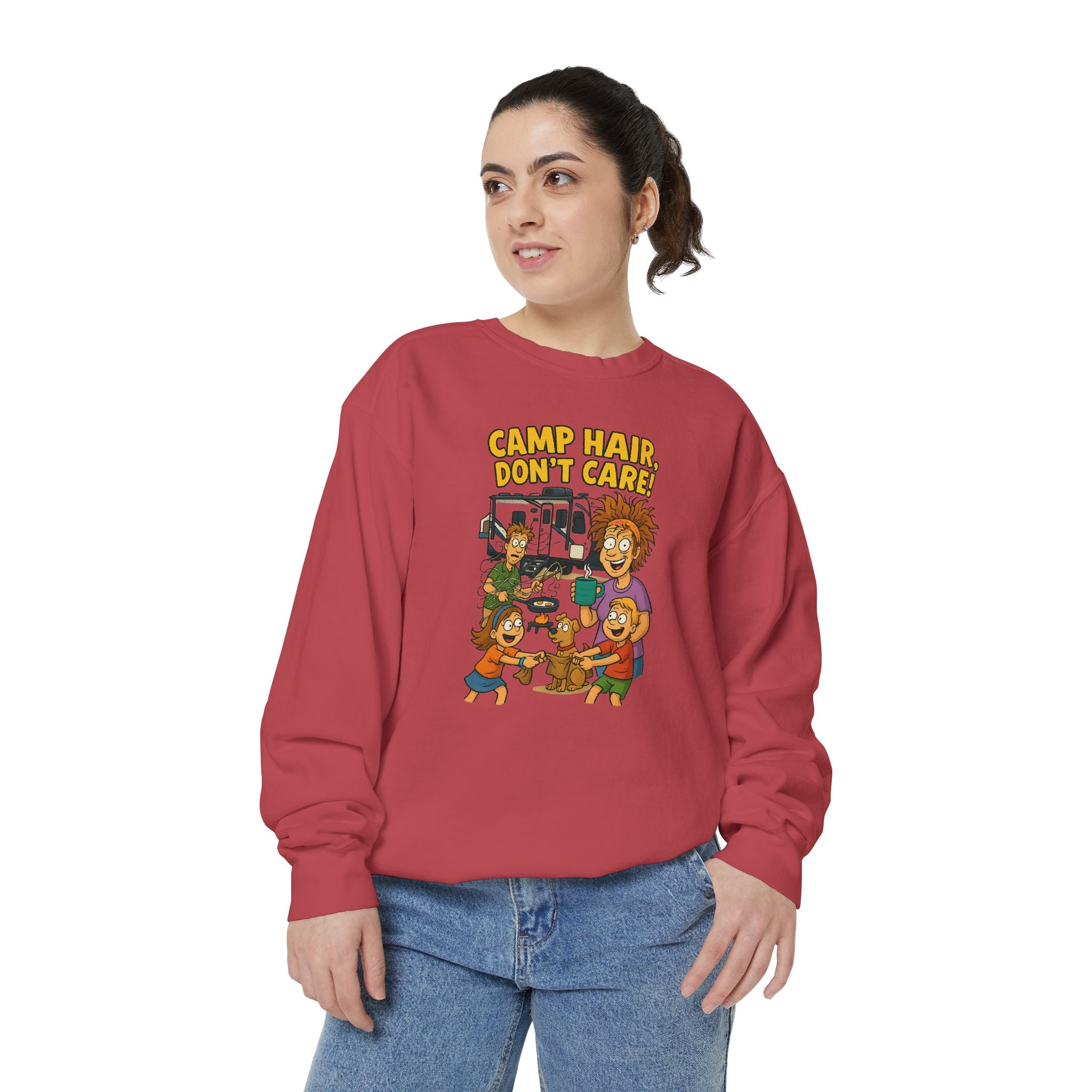 Camp Hair Don't Care Sweatshirt, Cozy Unisex Sweater, Perfect for Campers, Gift for Travel Lovers, Casual Outfit, All Season