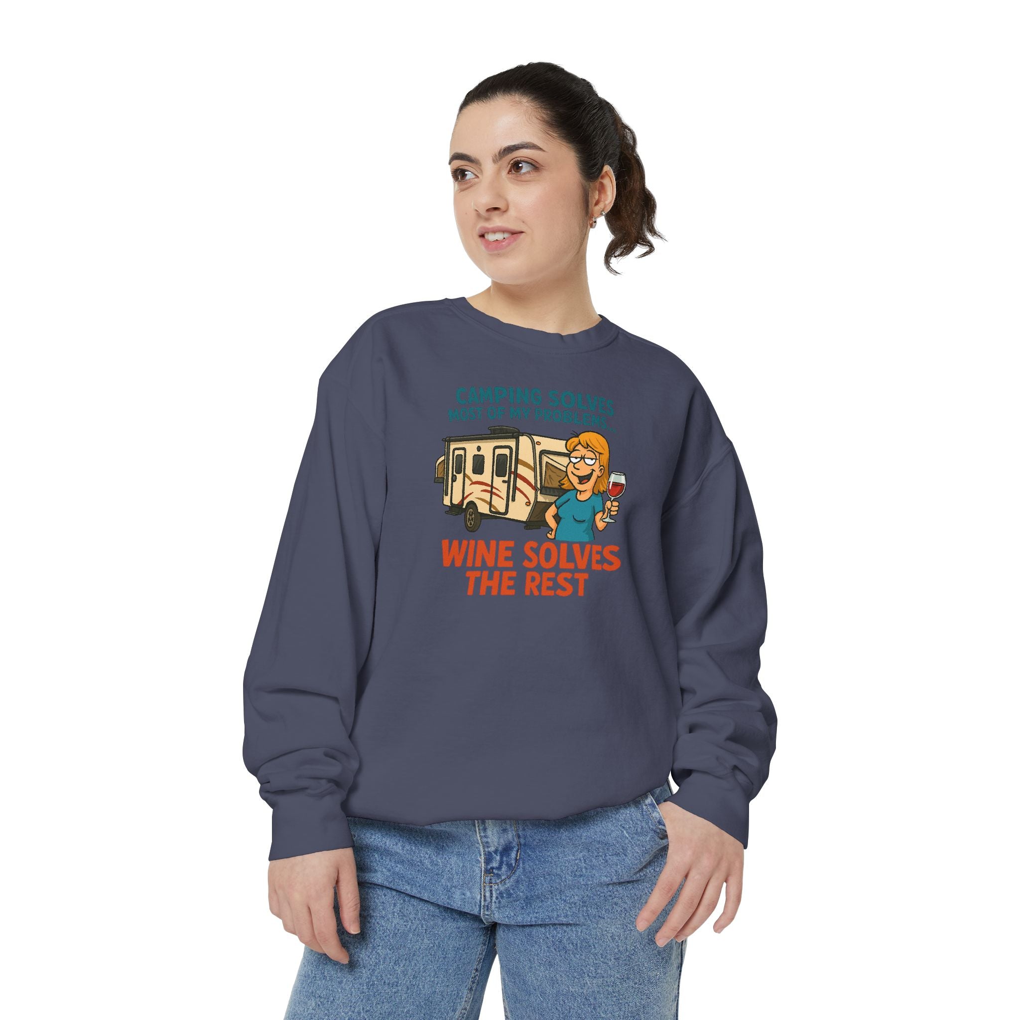Camping Wine Sweatshirt | Unisex Garment-Dyed Pullover | Cozy Gift for Campers | Outdoor Adventures Apparel | Relaxed Fit Top