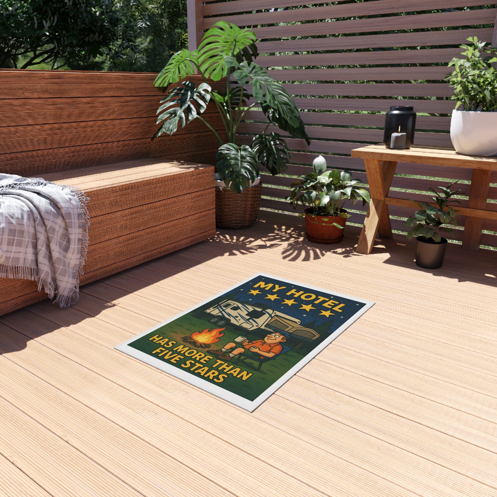Camping Outdoor Rug, Fun Retro Style Rug, My Hotel Has More Than Five Stars, Perfect for Campers, Patio Decor, RV Accessories
