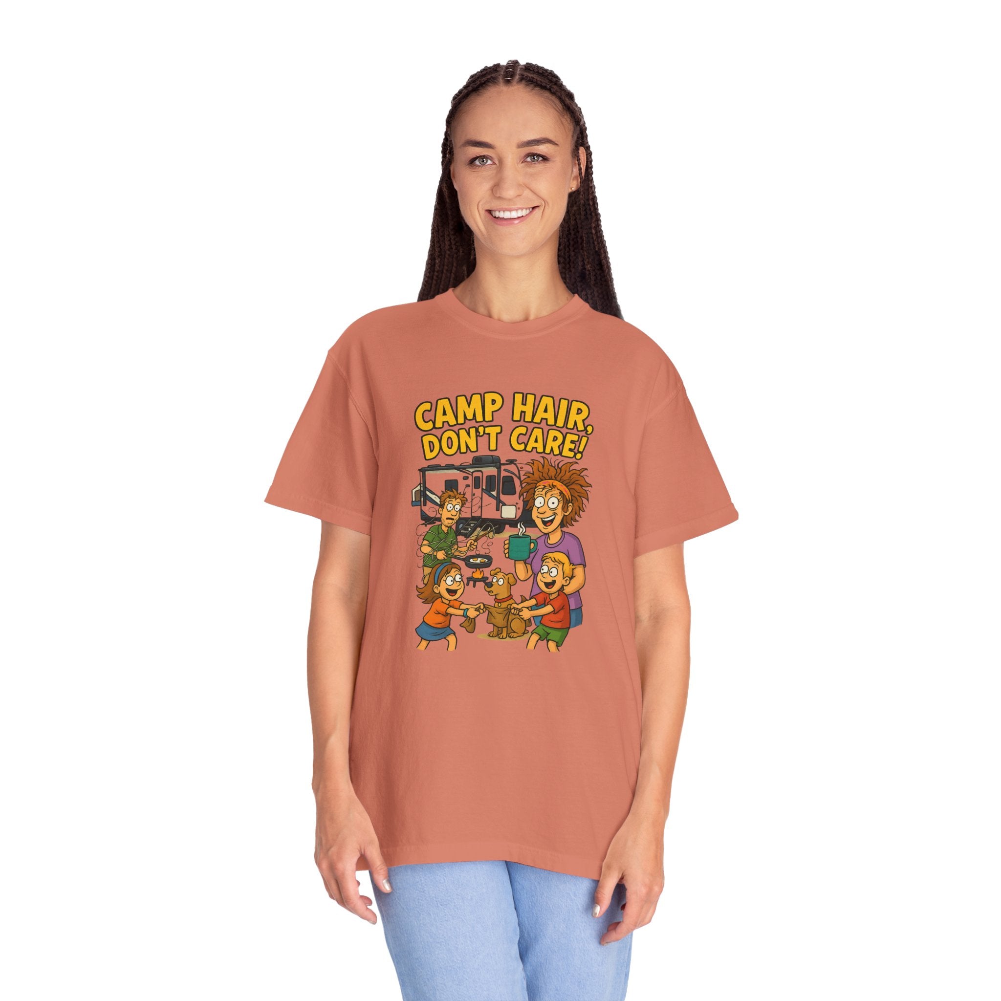 Camp Hair Don't Care T-Shirt, Unisex Garment-Dyed Tee, Camping Apparel, Funny Summer Shirt, Outdoor Lovers Gift, Vacation Essential