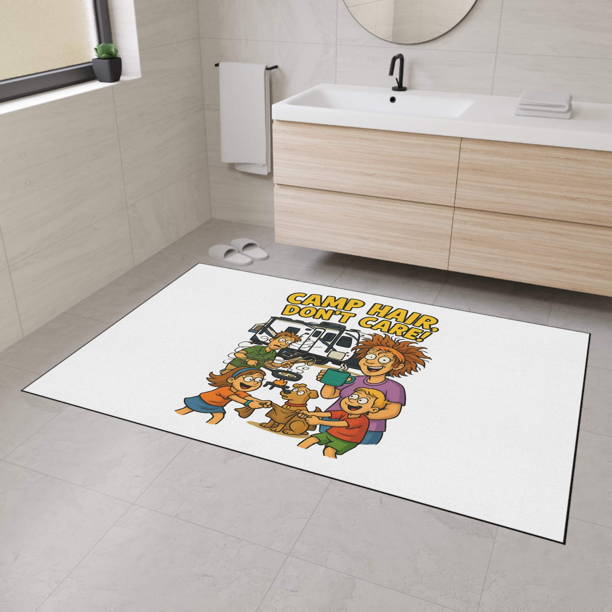 Camp Hair Don't Care Mat | Heavy Duty Floor Mat for Home, RV, Camping, Outdoor Decor, Fun Family Gift