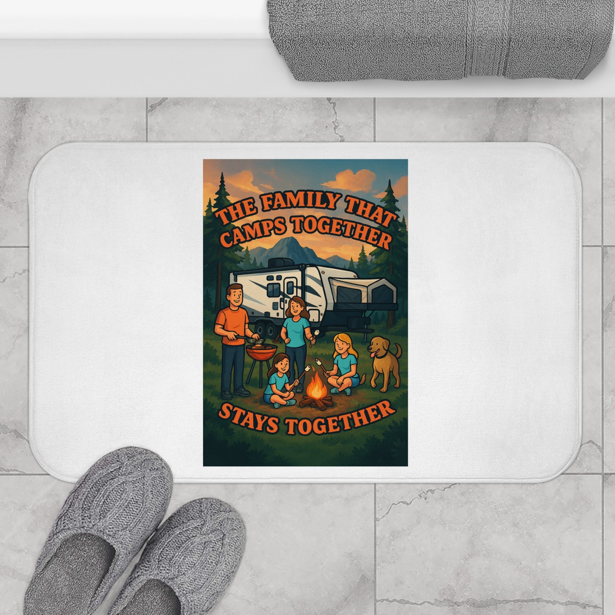 Camping Family Bath Mat - Cozy Rug for Home, Perfect Gift for Campers, RV Enthusiasts, Holiday Decor, Outdoor Lovers