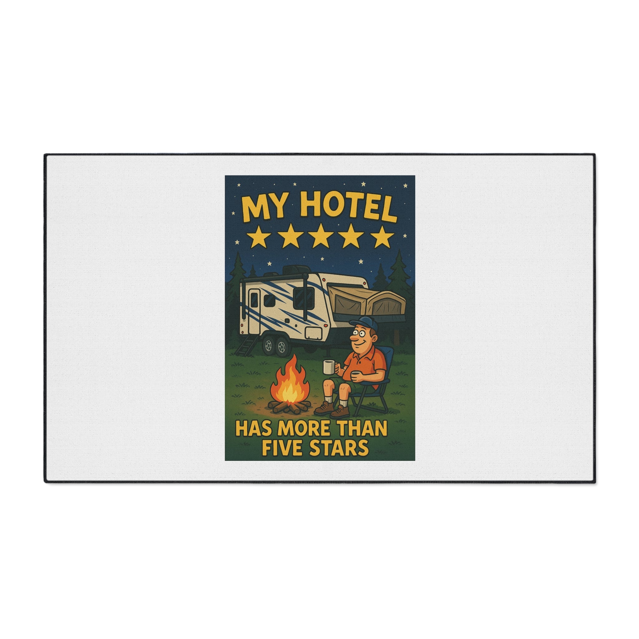 Camping Floor Mat - 'My Hotel Has More Than Five Stars' Rug, Outdoor Decor, RV Accessory, Entry Mat, Funny Camping Gift
