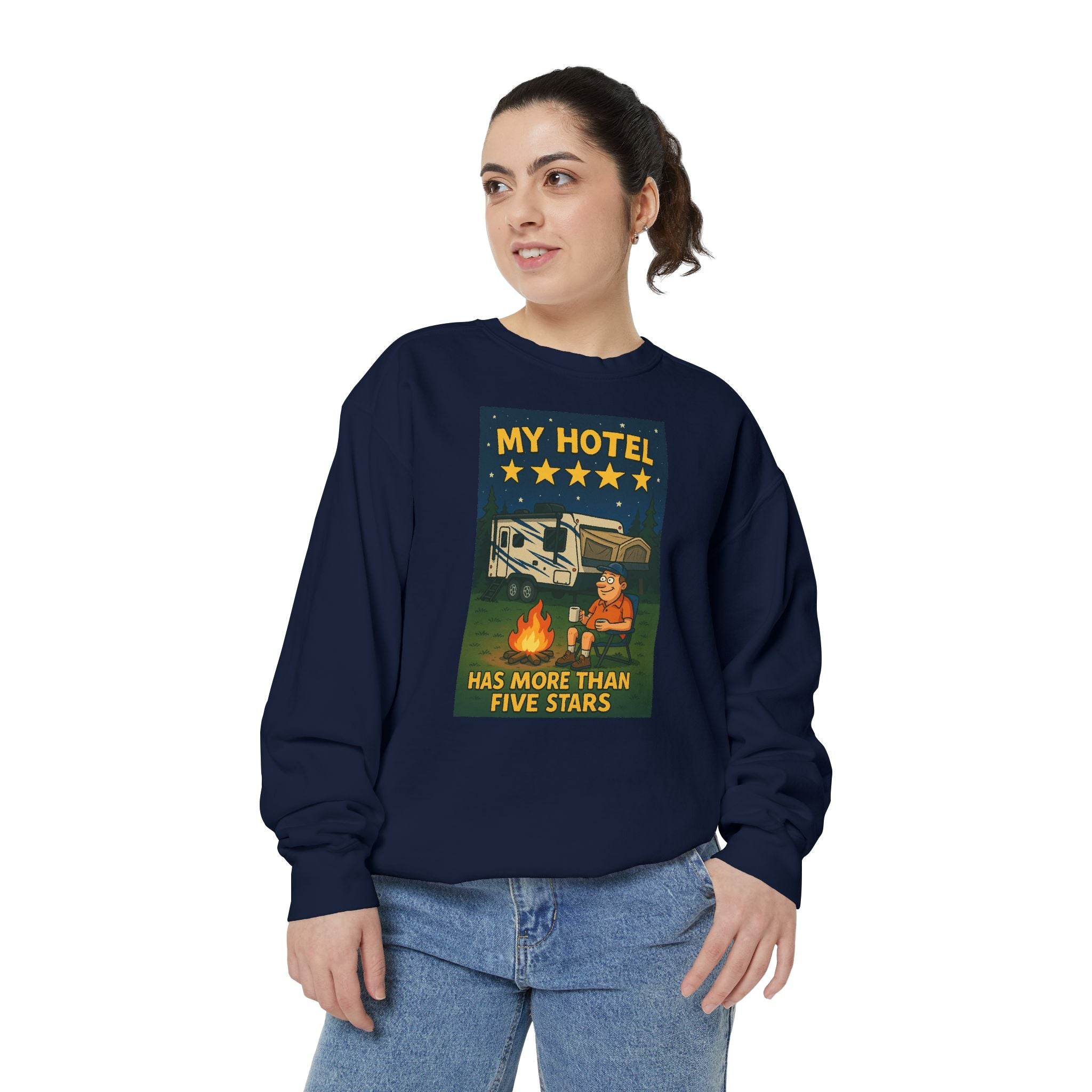 My Hotel Sweatshirt - Cozy Camping Apparel, Unisex Garment-Dyed Sweatshirt for Outdoor Lovers, Perfect for Bonfire Nights, Gift for Campers