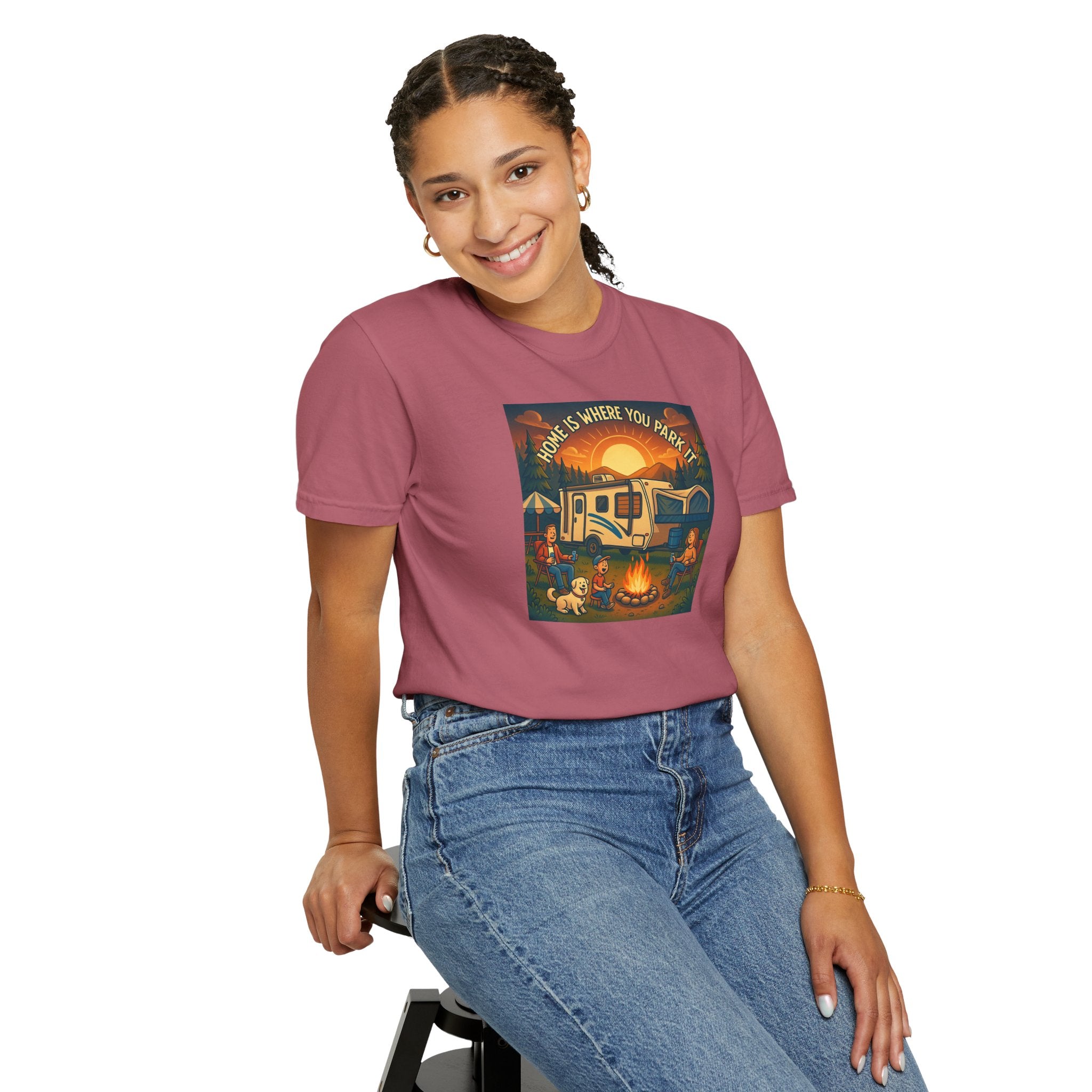 Home Is Where You Park T-shirt - Unisex Garment-Dyed Tee for Campers, Adventure Lovers, Outdoor Enthusiasts, Gift Idea