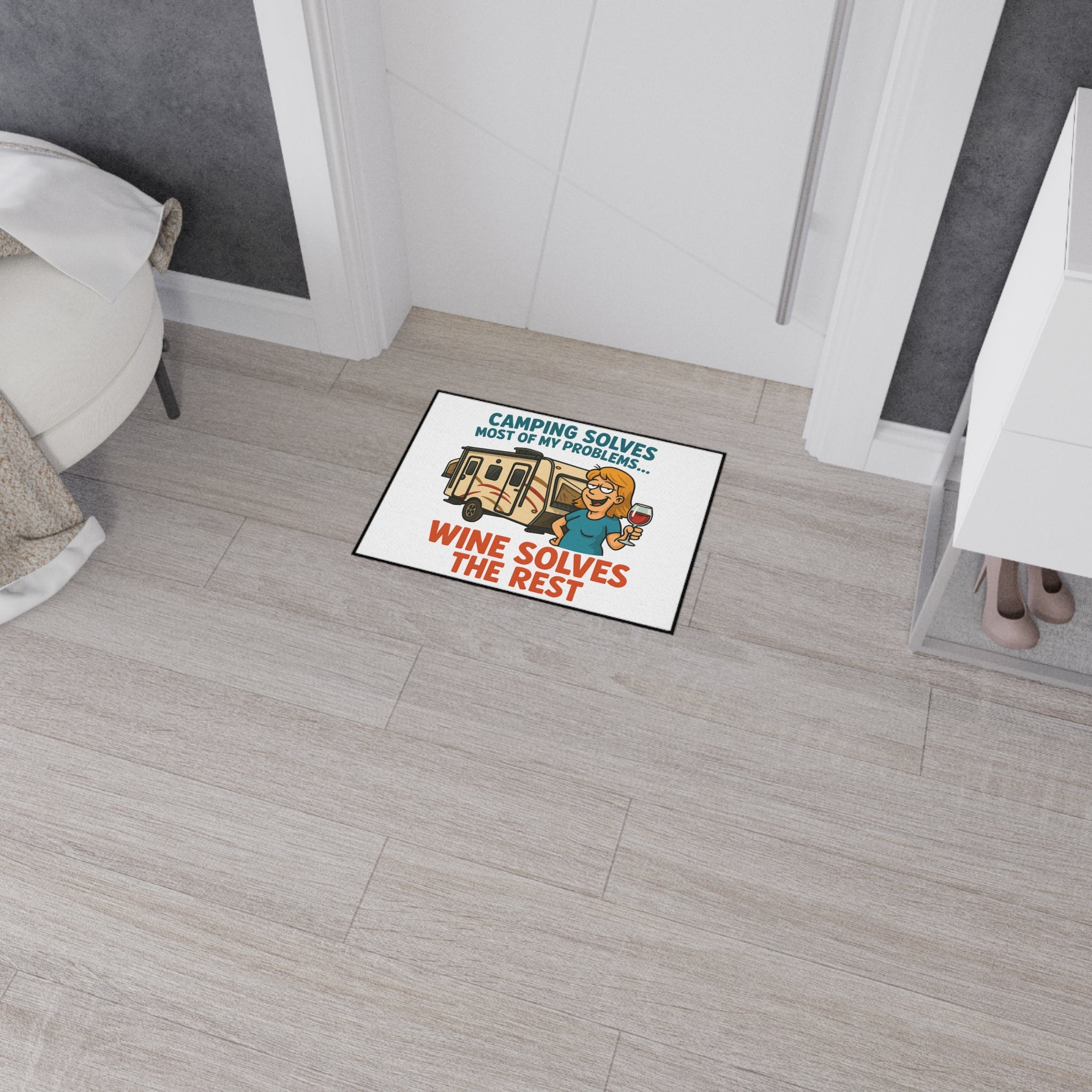 Camping Themed Floor Mat - 'Camping Solves... Wine Solves the Rest', Outdoor Decor, RV Accessories, Gift for Campers, Wine Lovers