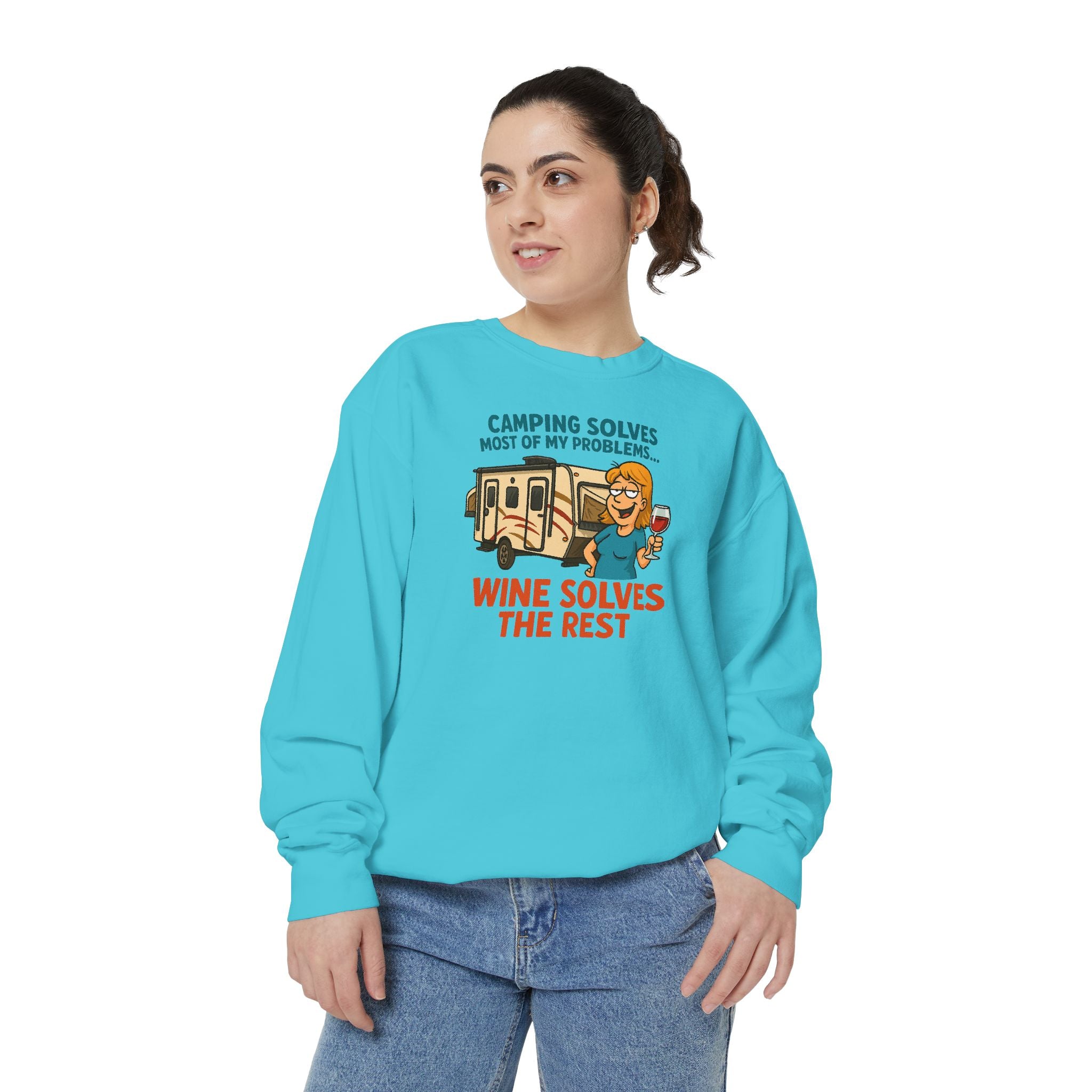 Camping Wine Sweatshirt | Unisex Garment-Dyed Pullover | Cozy Gift for Campers | Outdoor Adventures Apparel | Relaxed Fit Top