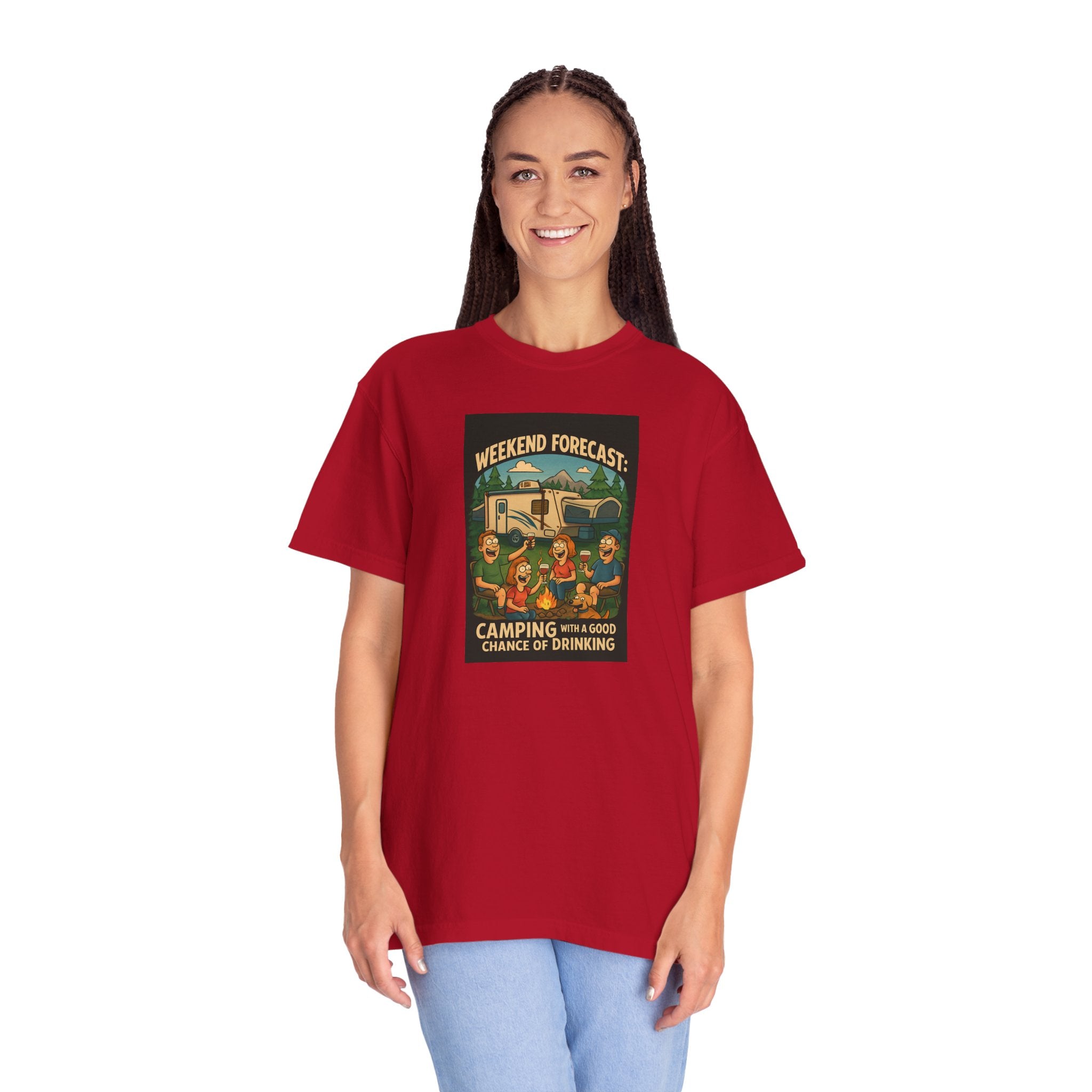 Camping Forecast T-Shirt, Unisex Graphic Tee, Gift for Campers, Outdoor Adventure Apparel, Weekend Getaway Shirt, Nature Lover's Tee