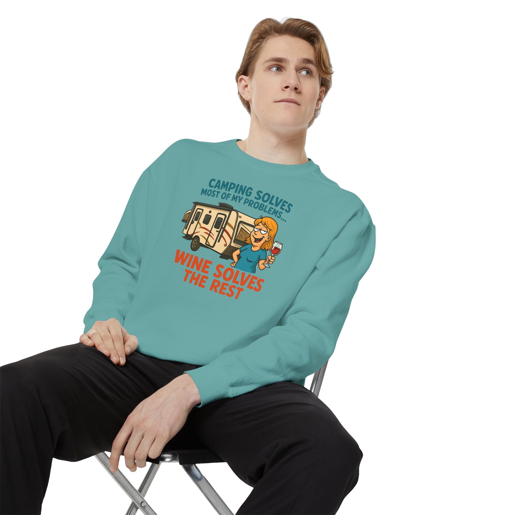 Camping Wine Sweatshirt | Unisex Garment-Dyed Pullover | Cozy Gift for Campers | Outdoor Adventures Apparel | Relaxed Fit Top