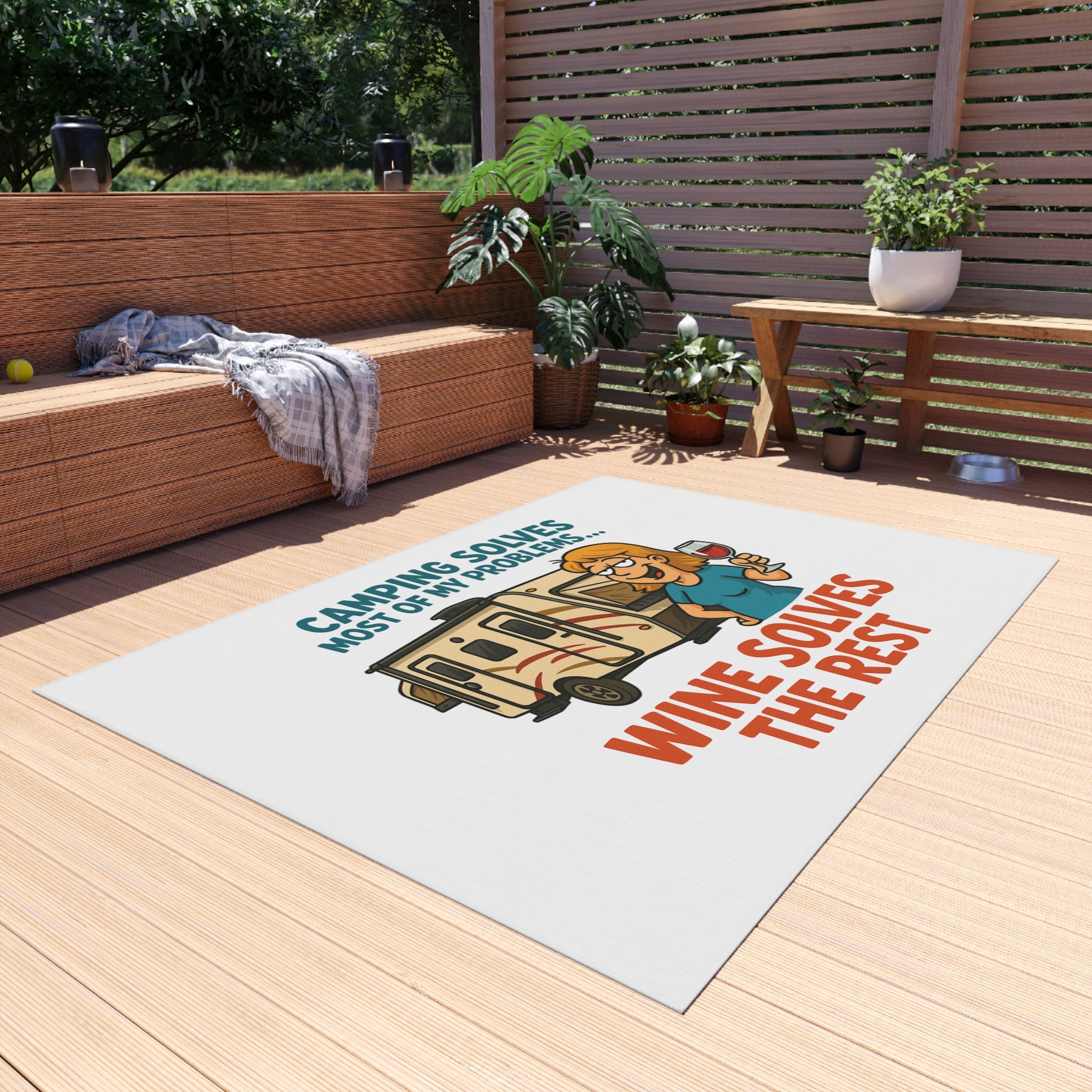 Camping Outdoor Rug - Wine Solves the Rest, Patio Decor, RV Accessories, Outdoor Living, Camping Gear