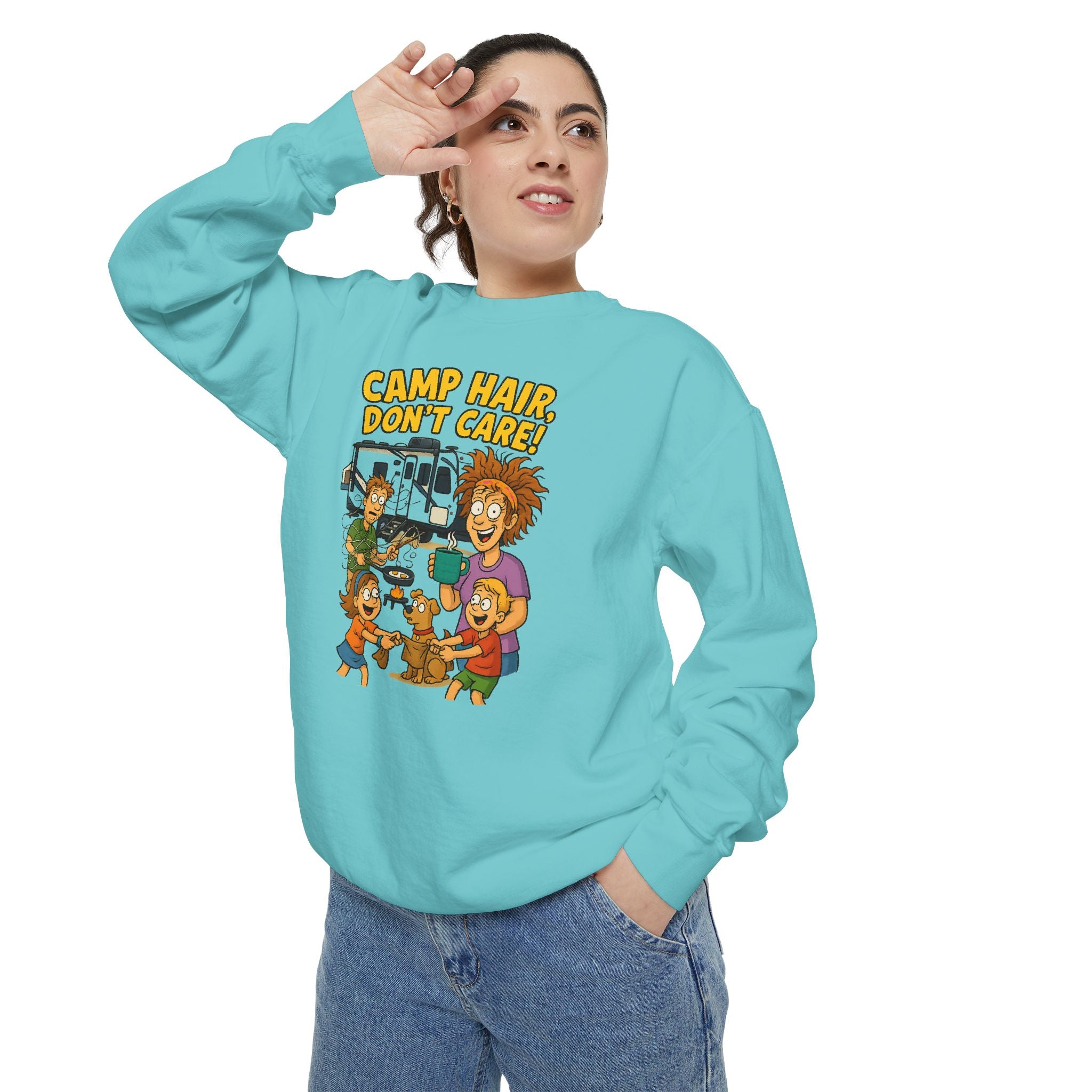 Camp Hair Don't Care Sweatshirt, Cozy Unisex Sweater, Perfect for Campers, Gift for Travel Lovers, Casual Outfit, All Season